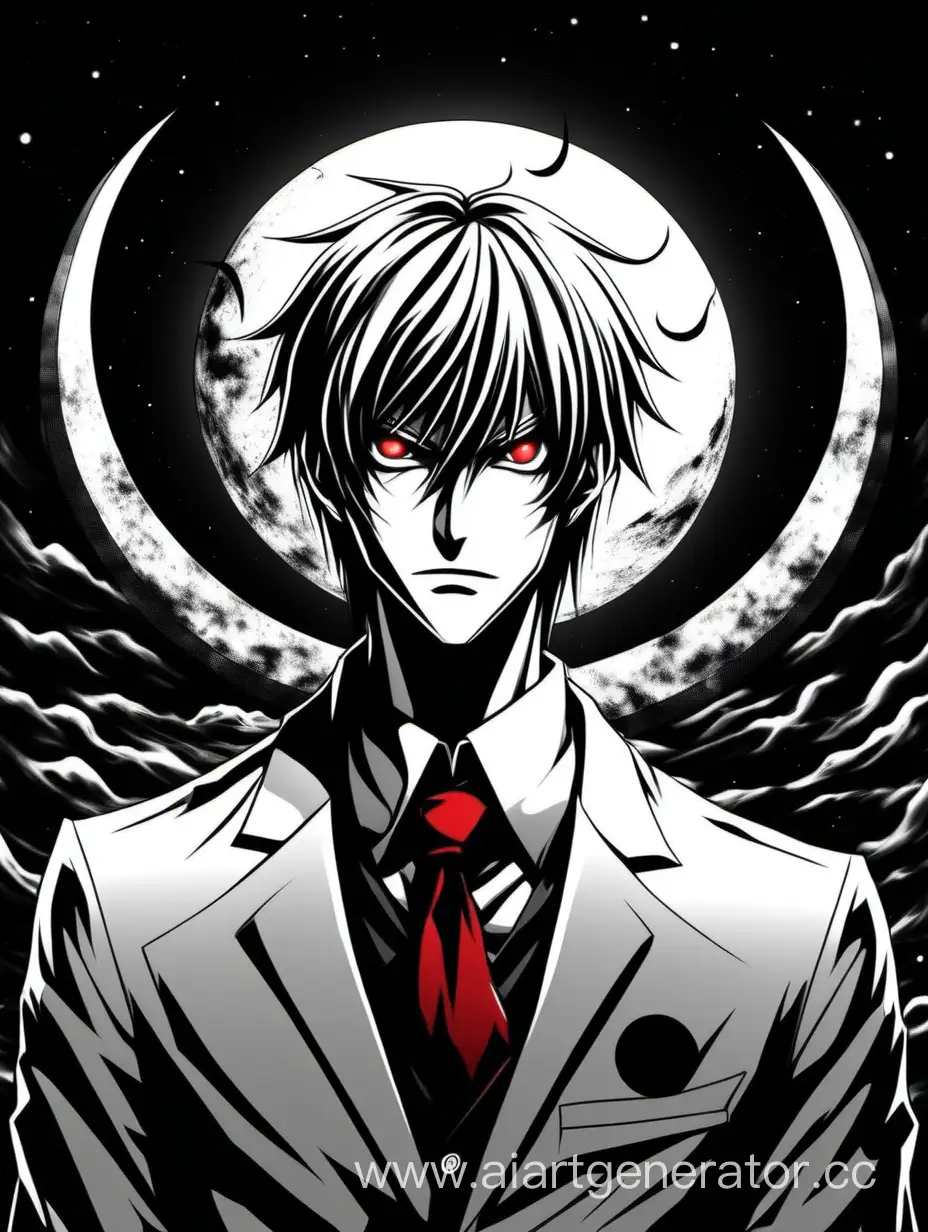 yagami light in black and white style, darkened background, with the moon on the background. red eyes