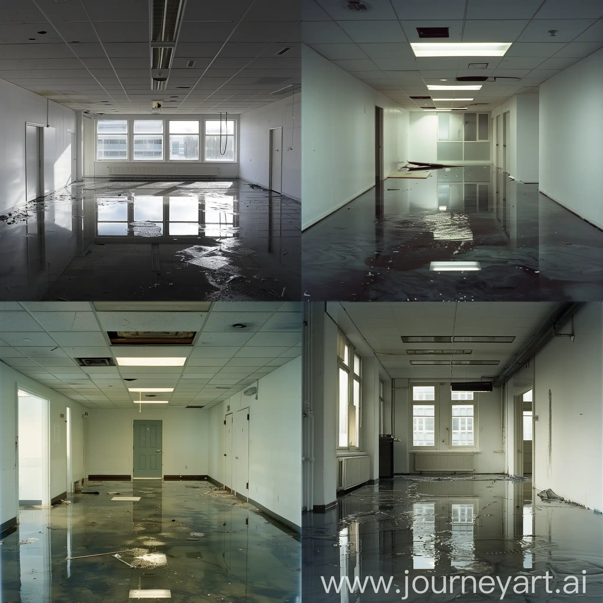 An empty office room that is a bit flooded, liminal, backrooms, dreamcore