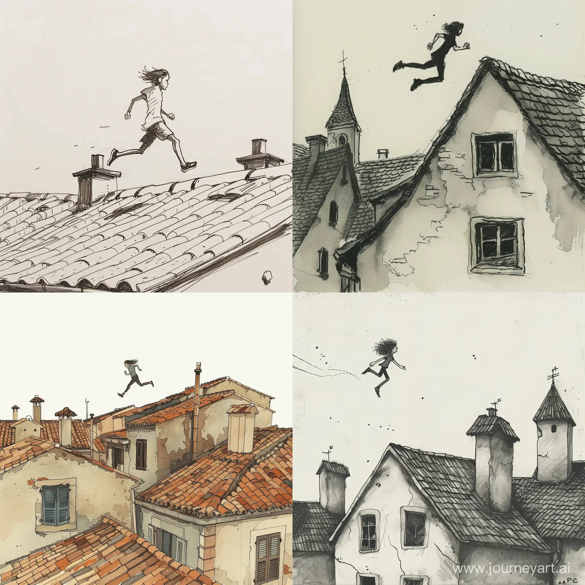 нарисуй человека бегующего по крышам