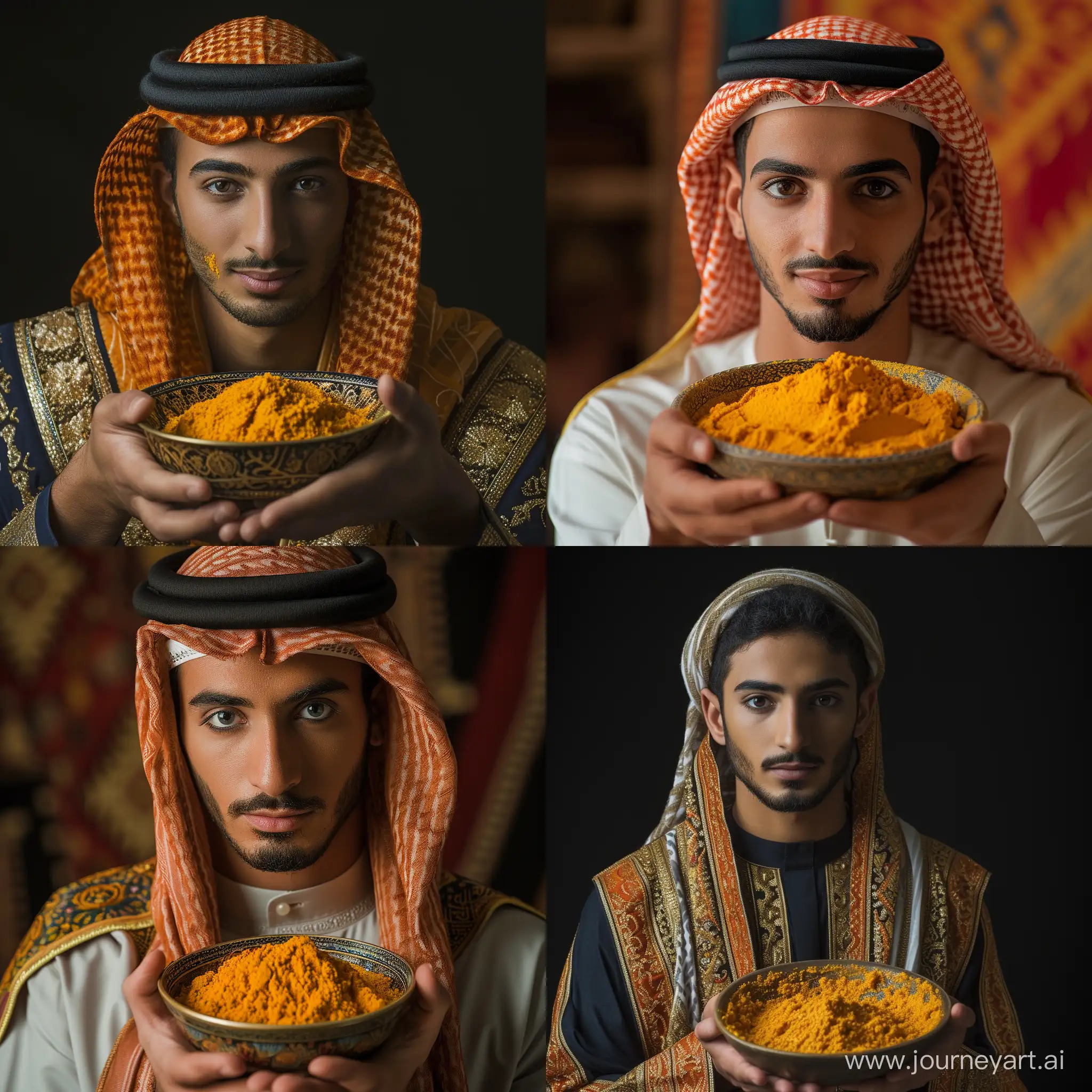 Real and natural photo of a man in Arabic dress holding a bowl of turmeric. Full detail of turmeric bowl and young man's face. The turmeric paste should be in the middle of the picture.