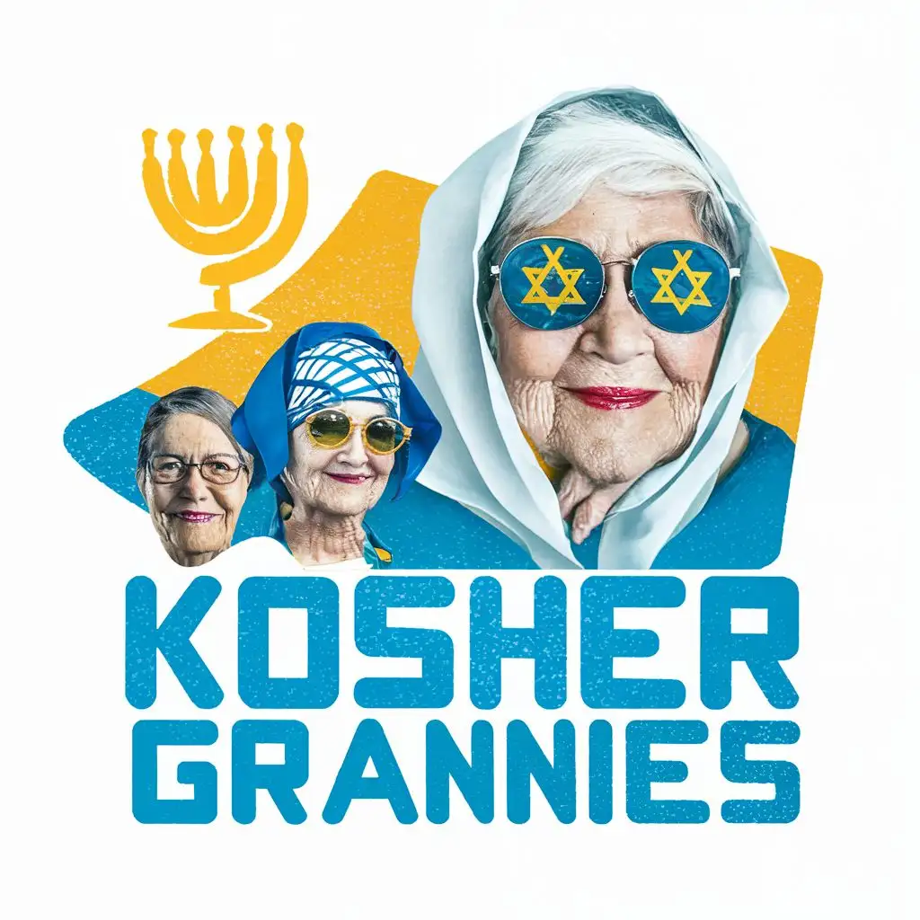 logo, Israel, yellow, blue, white, Jewish grannies with star of David sunglasses and Israeli headscarves, 7 branches Menorah, Paul Klee, with the text "Kosher Grannies", typography, be used in Automotive industry