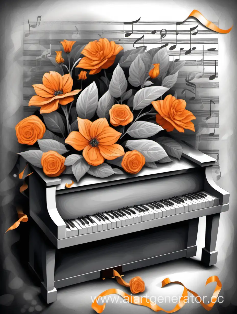 пианино, ноты и цветы в серых и оранжевых тонах