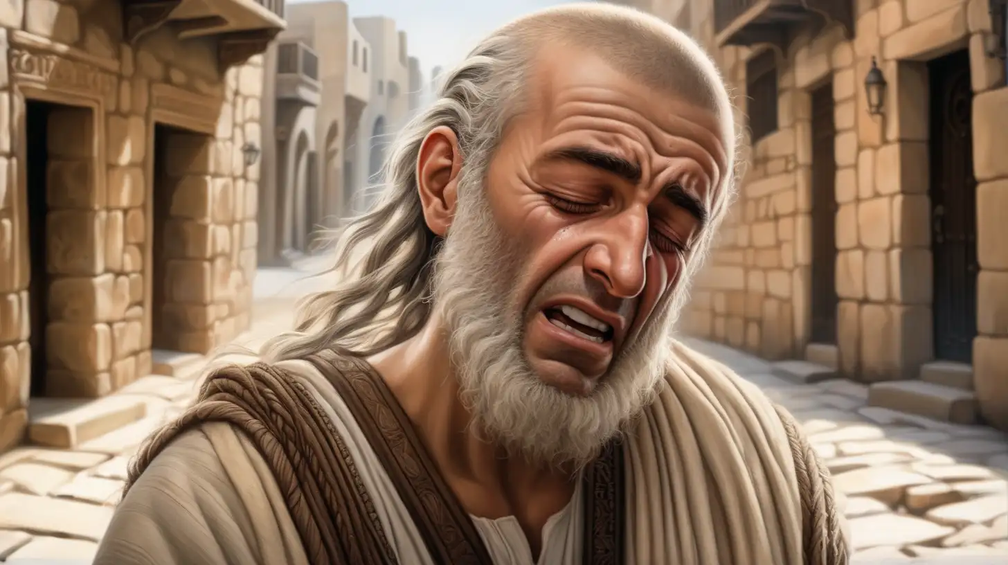 epoque biblique, un hébreu qui pleure, la moitié de ses cheveux est rasée à blanc, dans une rue d'une ville antique hébreu