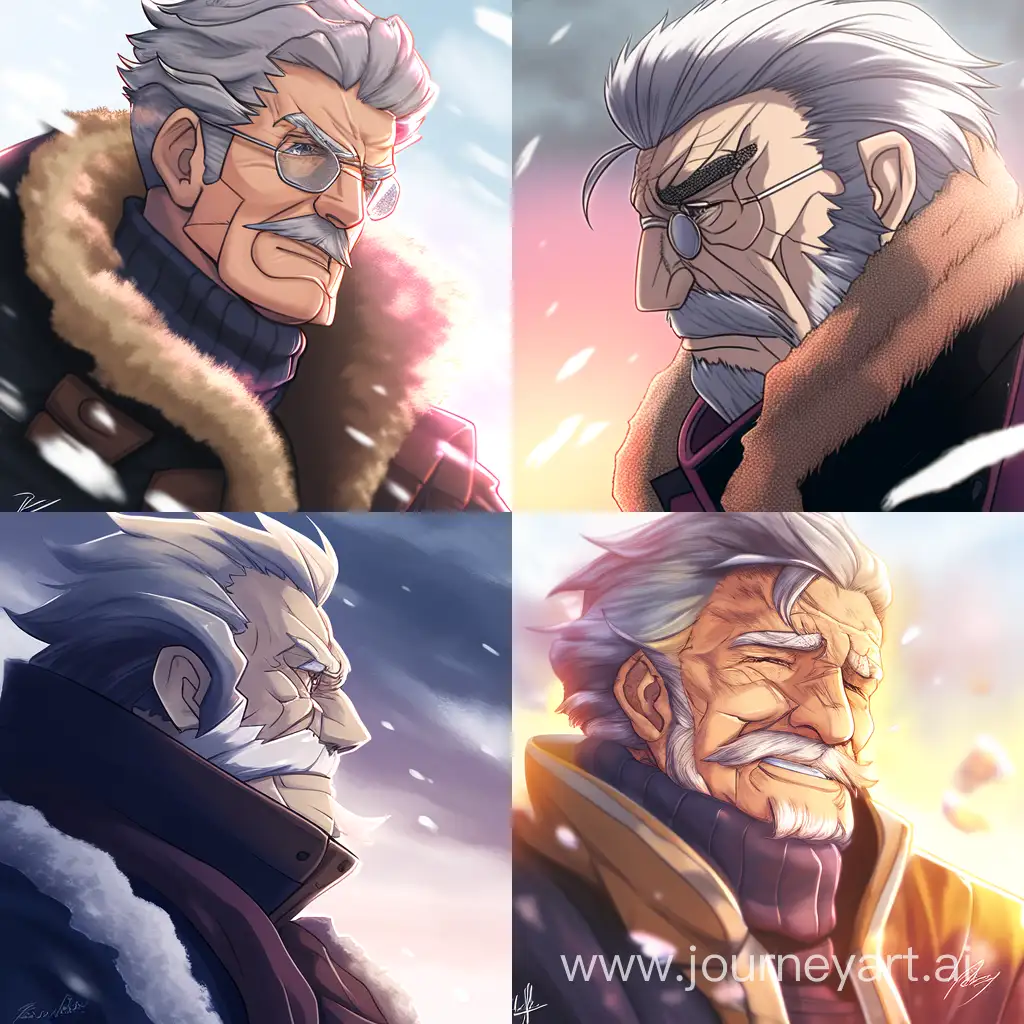 an older man with his face scrunched up against the cold wind