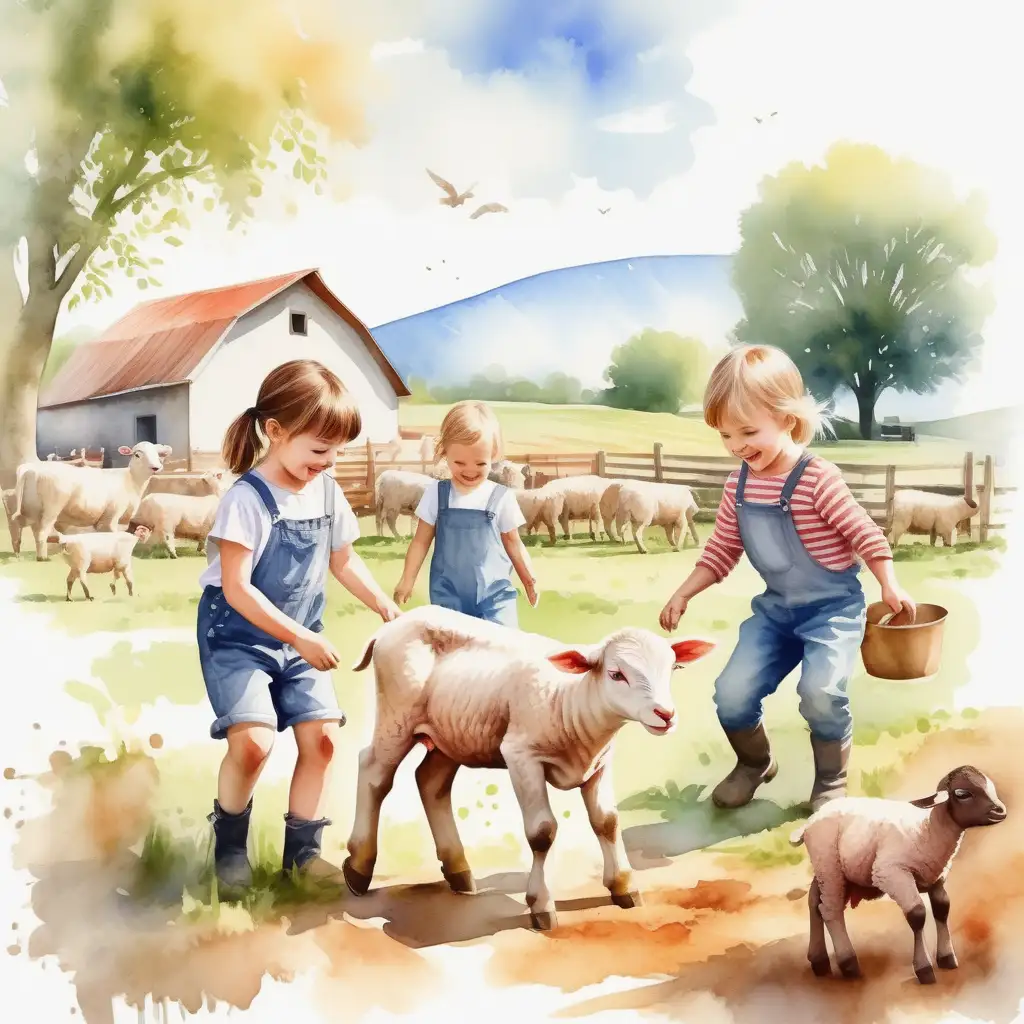 Joyful Farm Play Children and Young Animals in Watercolor