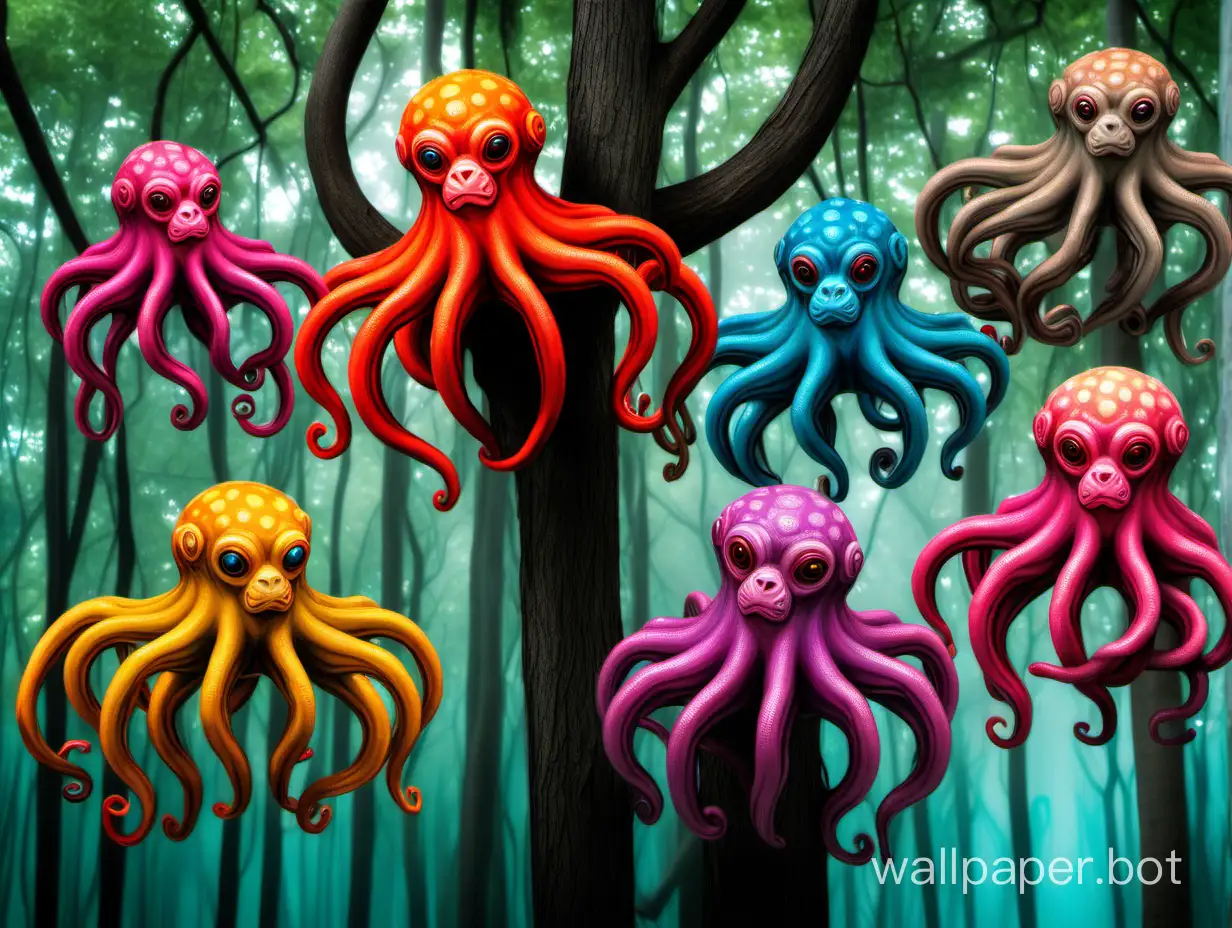 Colourful hybrid monkeys and octopuses in the trees.