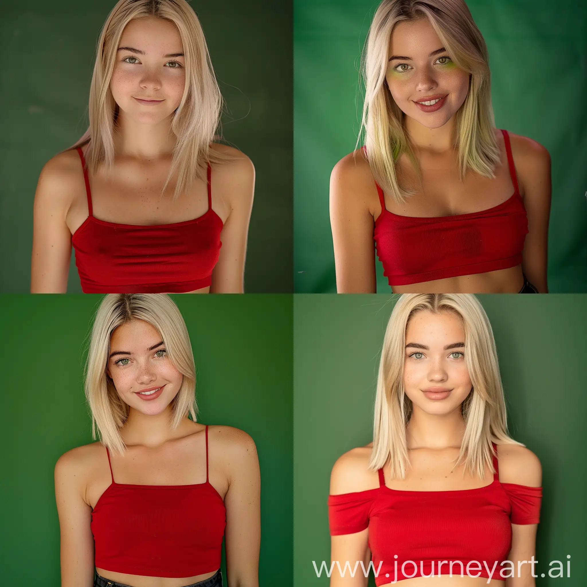 feminine face, age 19, moderately thick eyebrows, slim body, blonde straight hair with blonde highlights, inocent face, sharp jaw line, head only, silky smooth skin, vibrant glowing eyes, endearing smile, background as a greenscreen, full body in picture, with a red croptop, add black jeans