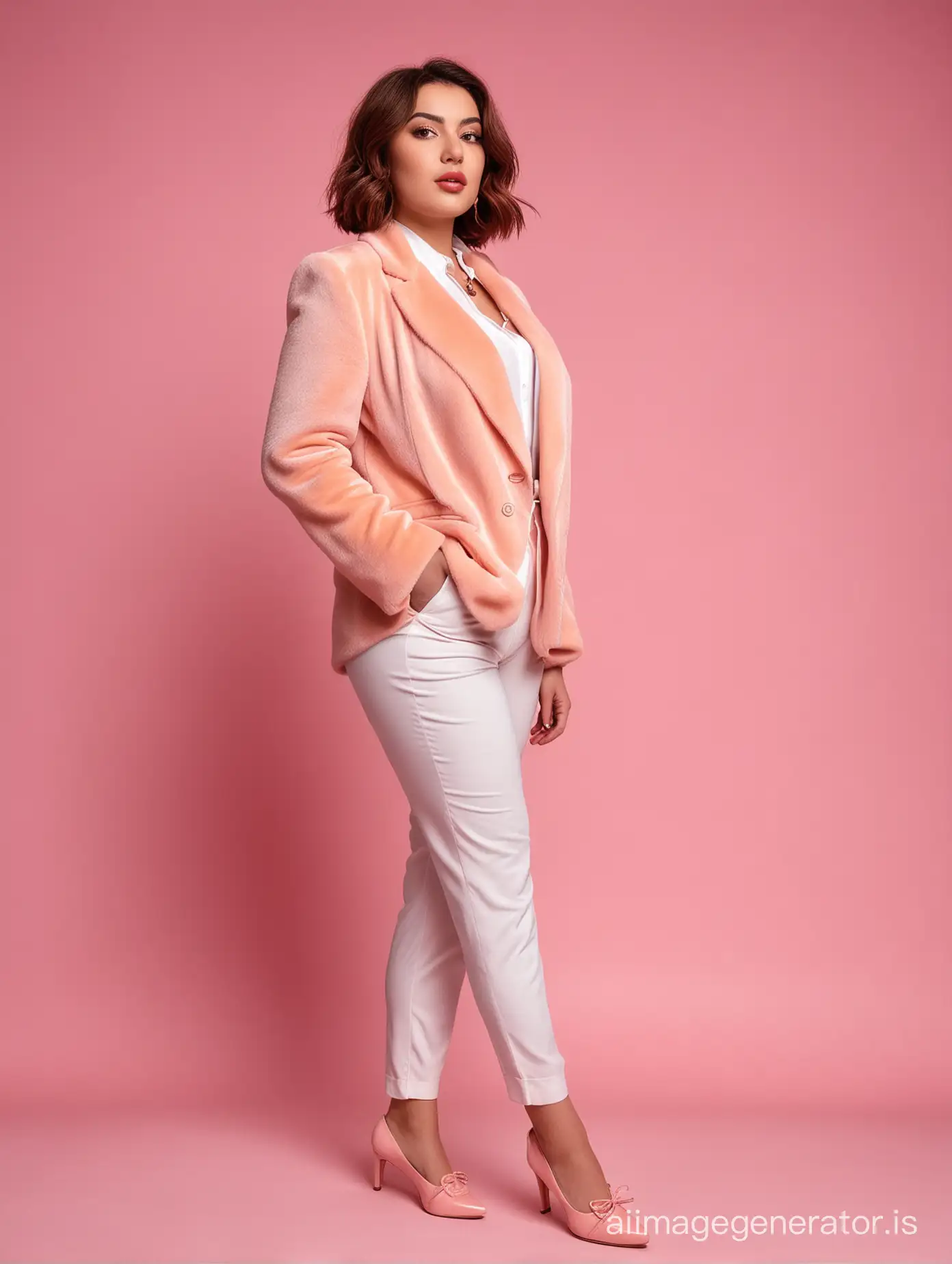 iranian fat woman 30 years old, wearing peach fur blazer, peach pants pants, white shirt, pink shoes ,pink lipsticks, brown bob hair, full body shot, fantasy peach solid background, dramatic lighting