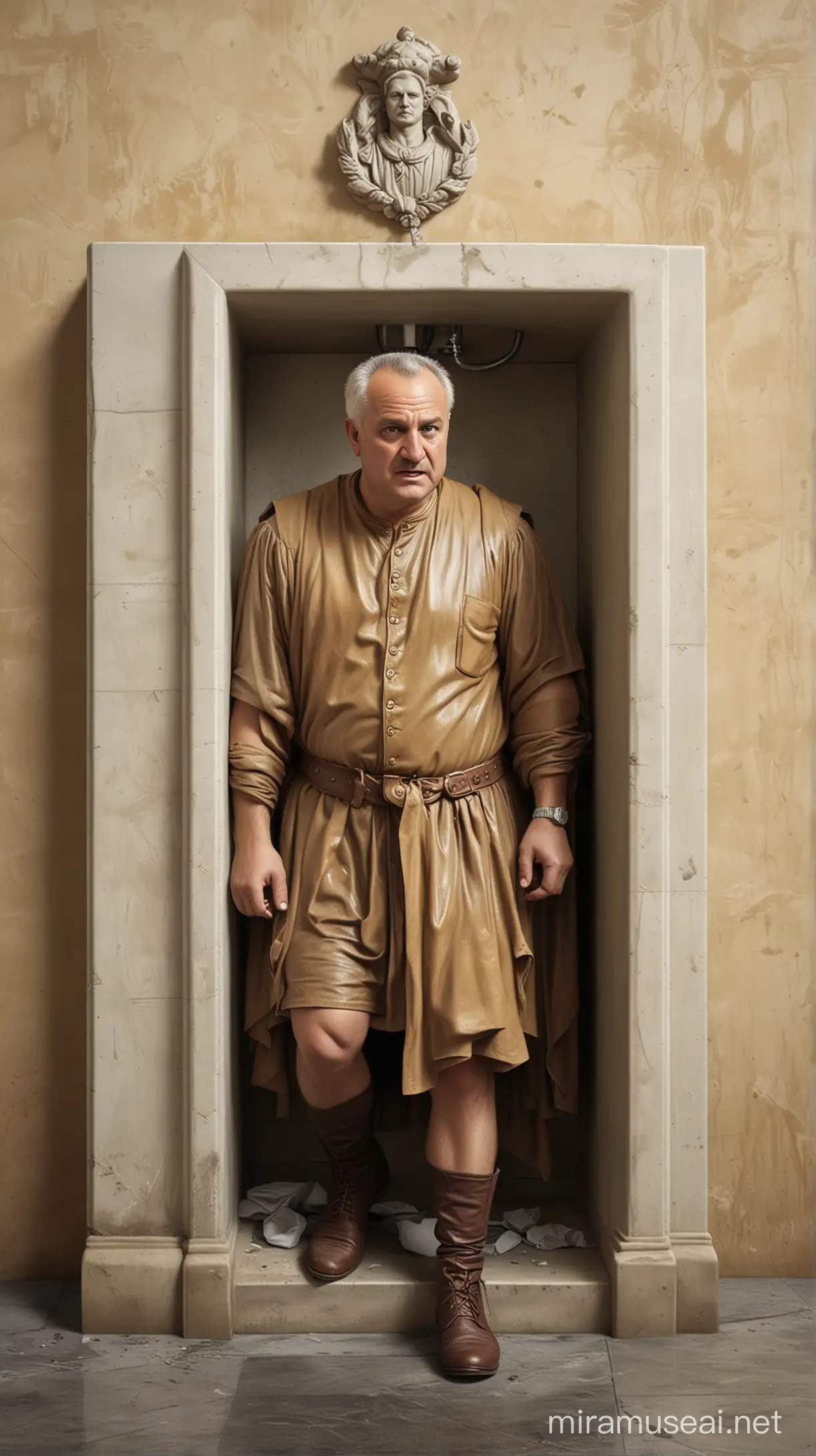 A whimsical illustration of Vespasian implementing his infamous tax on public urinals, capturing the eccentricity of his reign and the controversy surrounding his policies. hyper realistic