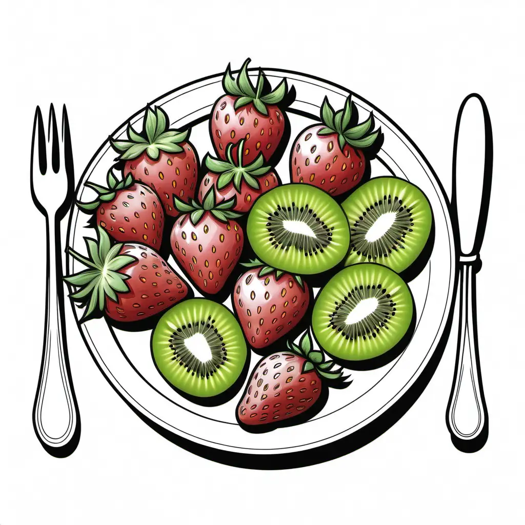 coloring page a plate full with five pieces of strawberries, 3 pieces of kiwi, and having a one spoon. Do not depict table 


