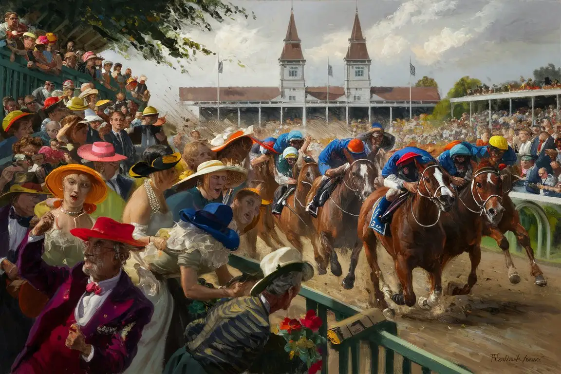Imagine a bustling scene at the Kentucky Derby, filled with the energy and anticipation of one of America's most iconic horse races. In the foreground, elegantly dressed spectators crowd the railings, their expressions a mix of excitement, tension, and joy, capturing the high society and diverse attendees that the event attracts. Women in vibrant, wide-brimmed hats and men in sharp suits and bow ties cheer, shout, and hold their breath as the thoroughbreds thunder down the track, a blur of muscle and motion.

The middle ground teems with the intense competition of the race itself. Horses, depicted with exaggerated motion and expressive detail characteristic of Reginald Marsh's work, strain towards the finish line. Their jockeys, clad in colorful silks, crouch low, urging their mounts forward, every muscle tensed for victory.

In the background, the iconic twin spires of Churchill Downs rise against a dramatic Kentucky sky, lending a sense of place and tradition to the scene. The entire painting vibrates with the movement and excitement of the Derby, rendered in Marsh's gritty, vibrant style, capturing the essence of American life and entertainment with a touch of the artist's signature critique of society's spectacle and excess.

The color palette is rich and lively, with the greens of the track and the bright hues of the crowd's attire contrasting with the earthy tones of the horses and the jockeys' vibrant silks. The composition is dynamic, with a sense of depth and movement that draws the viewer's eye from the foreground crowd, across the fierce competition of the race, to the architectural symbol of the event in the distance.

This scene is not just a portrayal of the Kentucky Derby but a vivid narrative of American culture, spectacle, and the pursuit of triumph, all through the lens of Reginald Marsh's distinctive style, blending realism with caricature, and vibrant energy with a nuanced social commentary.

