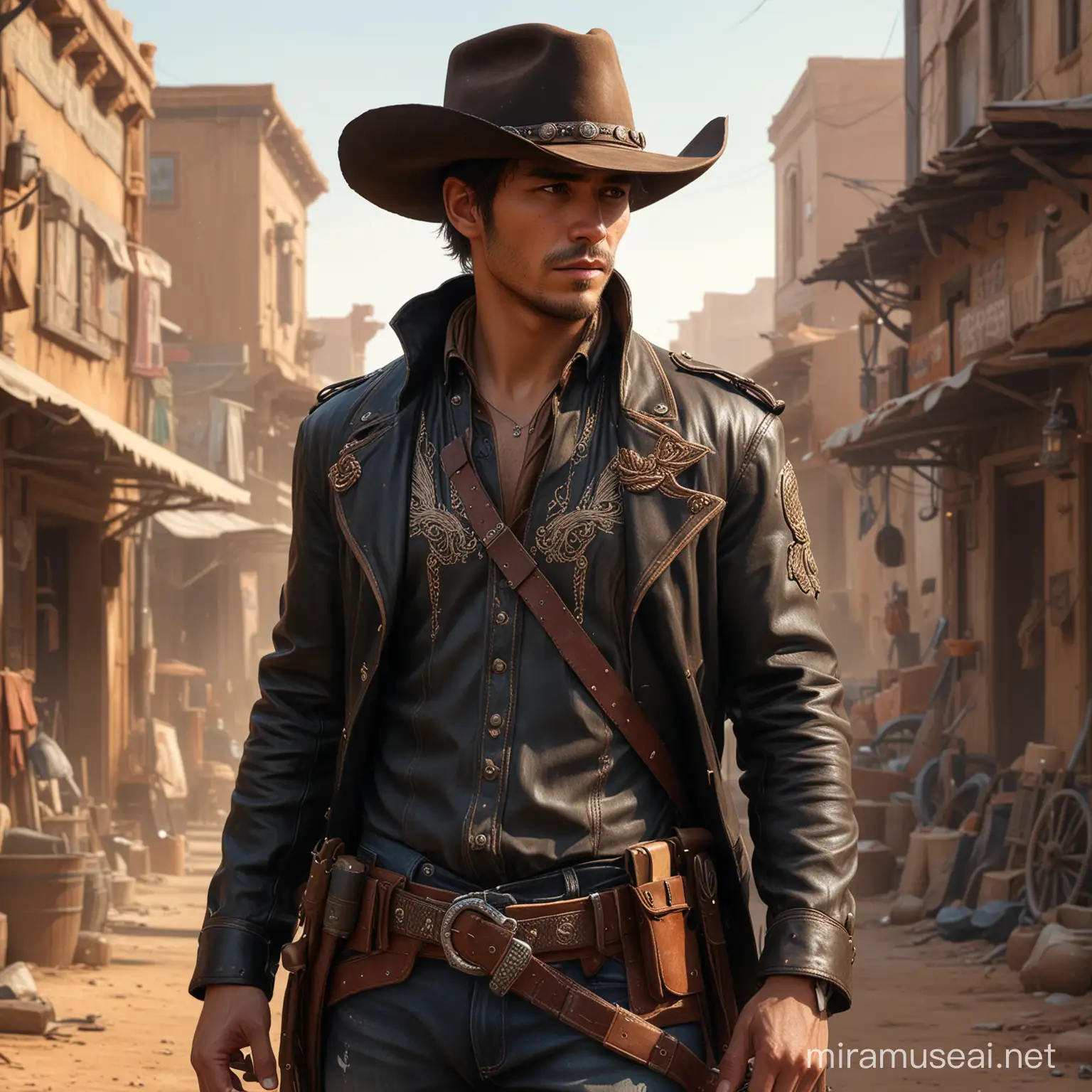 Male gunslinger , wearing a mix of brown and black cowboy outfit and brown hat, looks over his shoulder, wearing the leather belt has a gun and bullets embedded in it, walking the dusty roads of Cowboy City, mid body portrait, dim volumetric lighting, art by artgerm and greg rutkowski and alphonse mucha, 8k octane beautifully detailed render, post-processing, portrait, extremely hyper-detailed, intricate, epic composition, cinematic lighting, masterpiece, trending on art coboy village, very very detailed, masterpiece, stunning, ,make_3d,oil paint