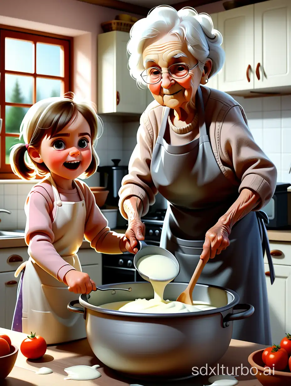 The little girl helping her grandmother stir a large pot of yoghurt in the kitchen.