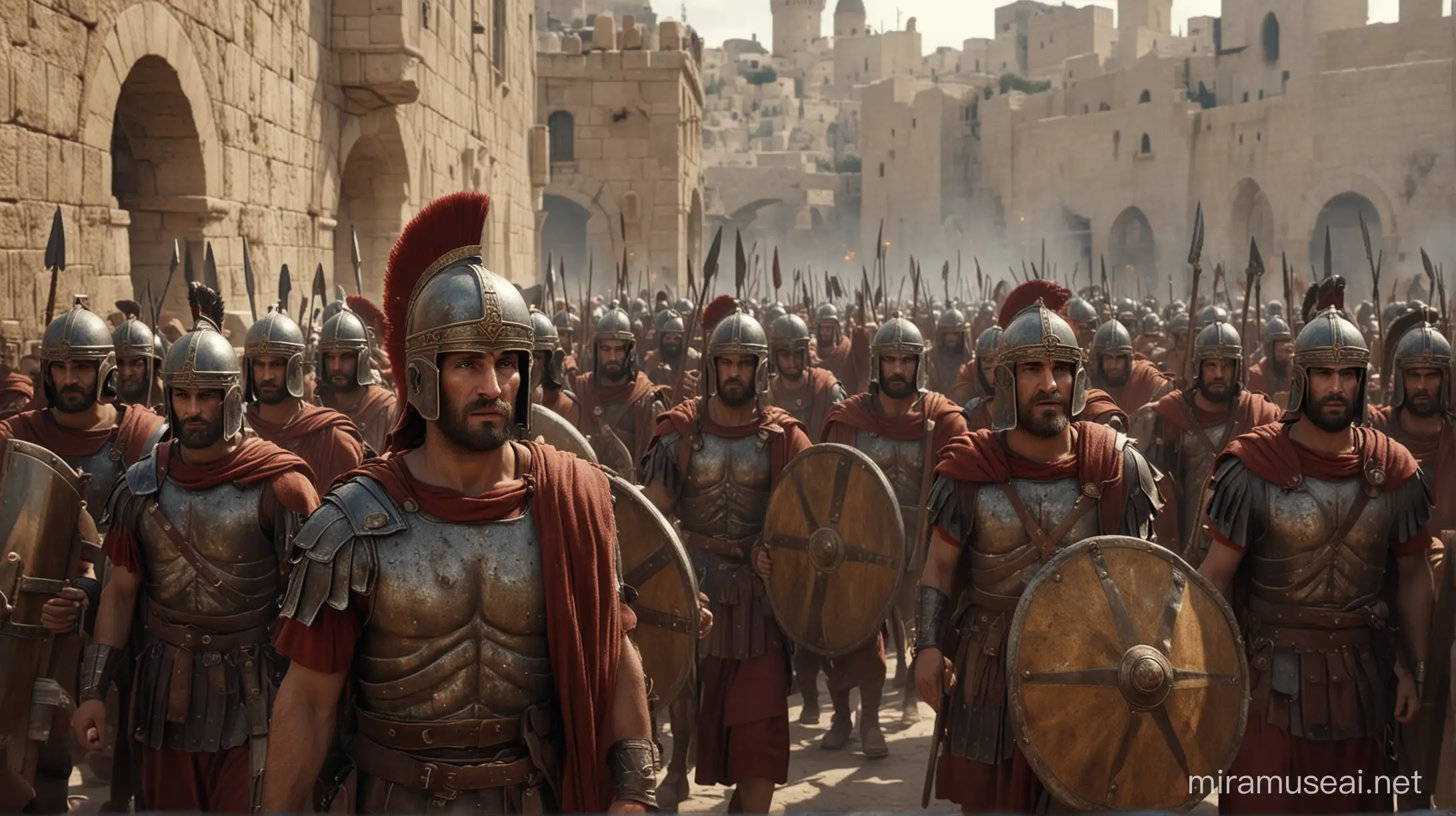 image of Roman soldiers in Jerusalem from the 1st century. 6k resolution, more realistic, based on the movie The Passion of the Christ.
