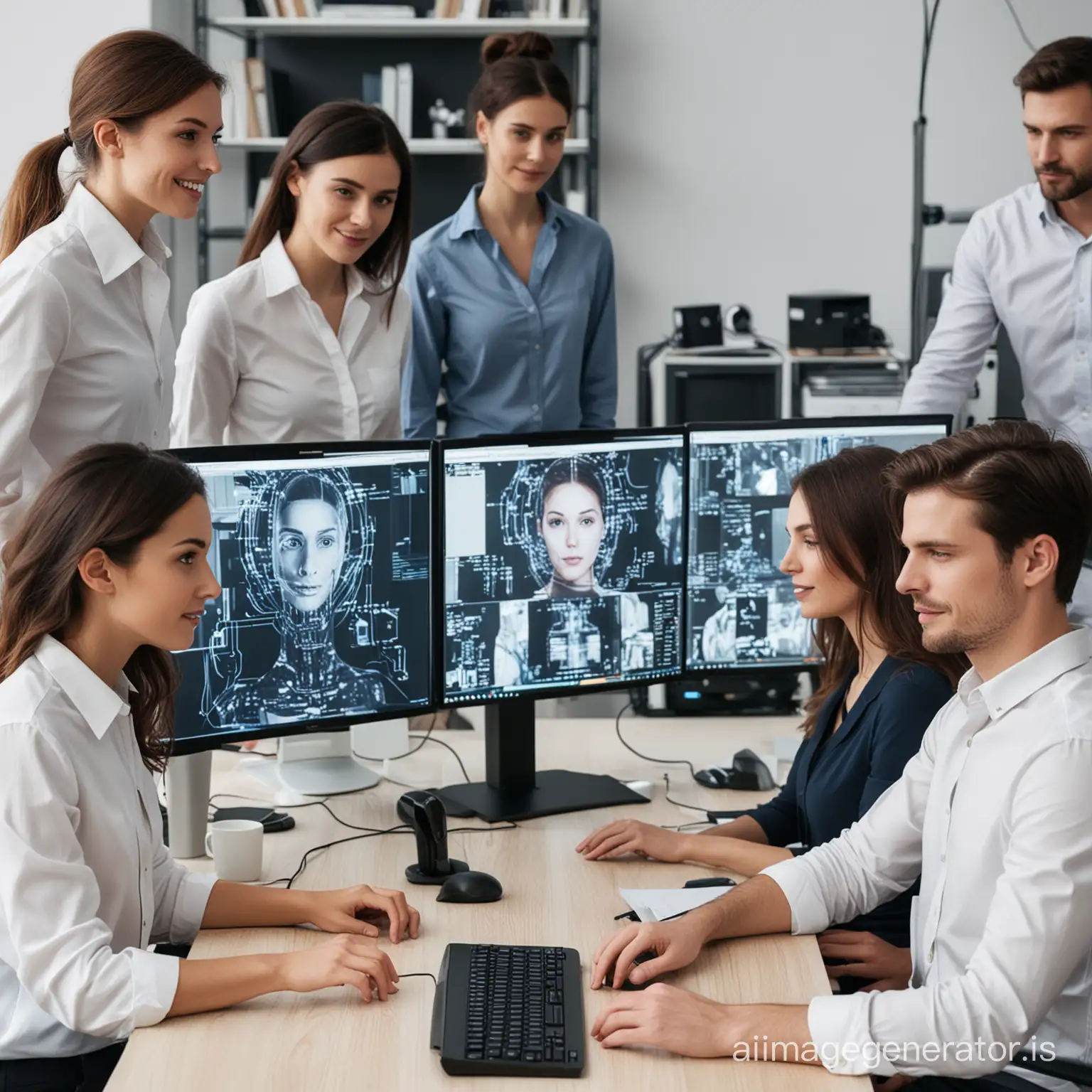 an image showing men and women working behind a computer in pairs. They are on generative AI sites