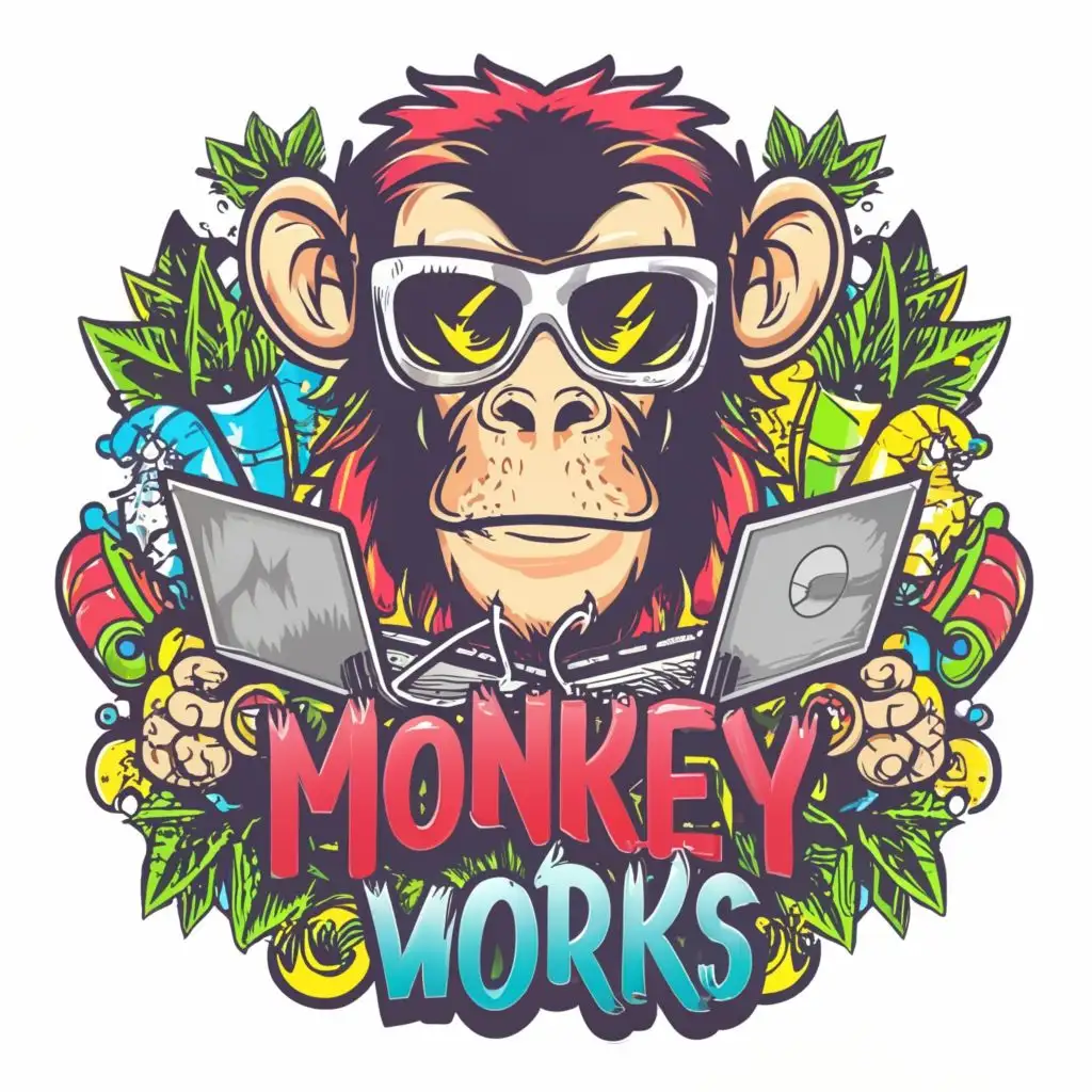 logo, vibrant. colourful graphic design monkey with glasses on and a laptop, with the text "Monkey Works", typography