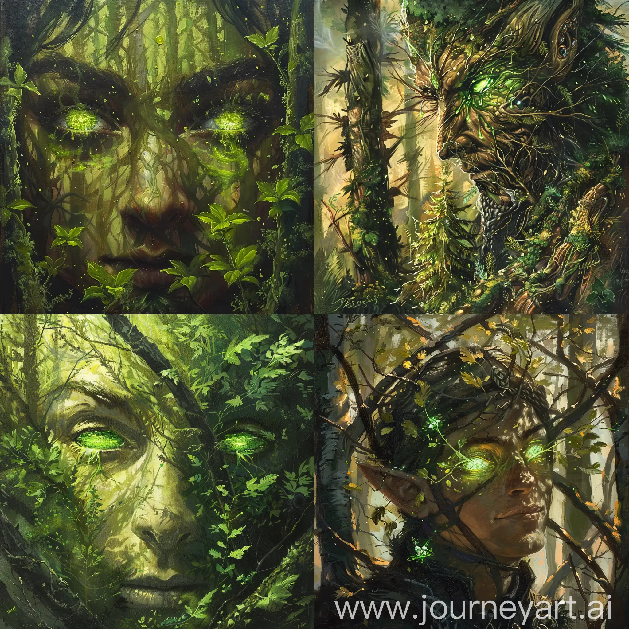 Druid of the forest. eyes glowing green with nature magic. sprouting trees in a forrest using nature magic..
In the art style of Terese Nielsen oil painting.