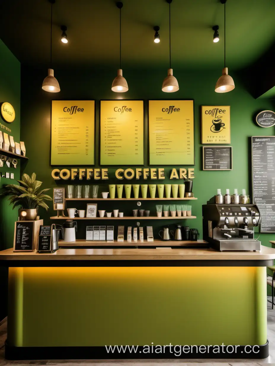 Интерьер кофе-бара , желто-зеленые оттенки, с фэнтезийным наклоном. Барная стойка, вывеска с картинками разных видов кофе.