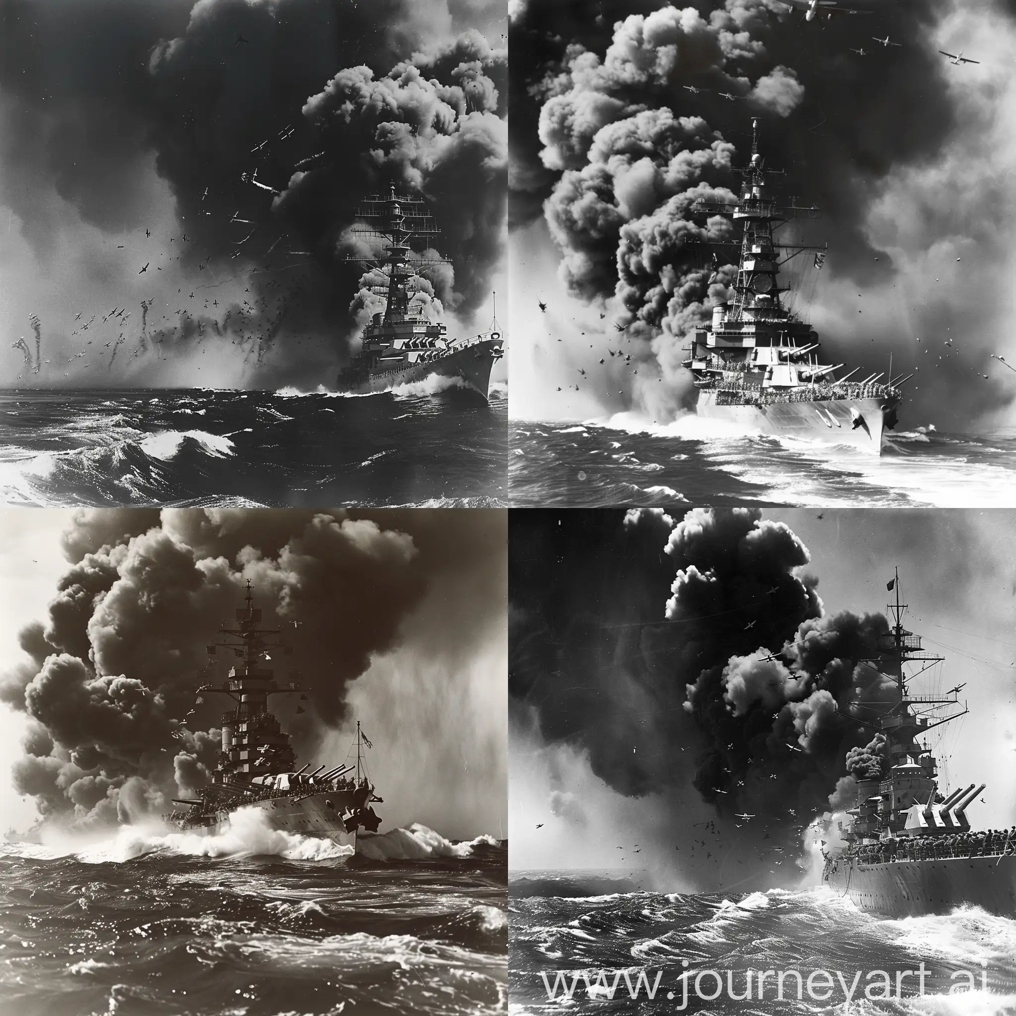 太平洋战争期间，海洋上一艘美国舰艇被日军的飞机袭击，浓烟大作，伤亡惨重，波涛汹涌
