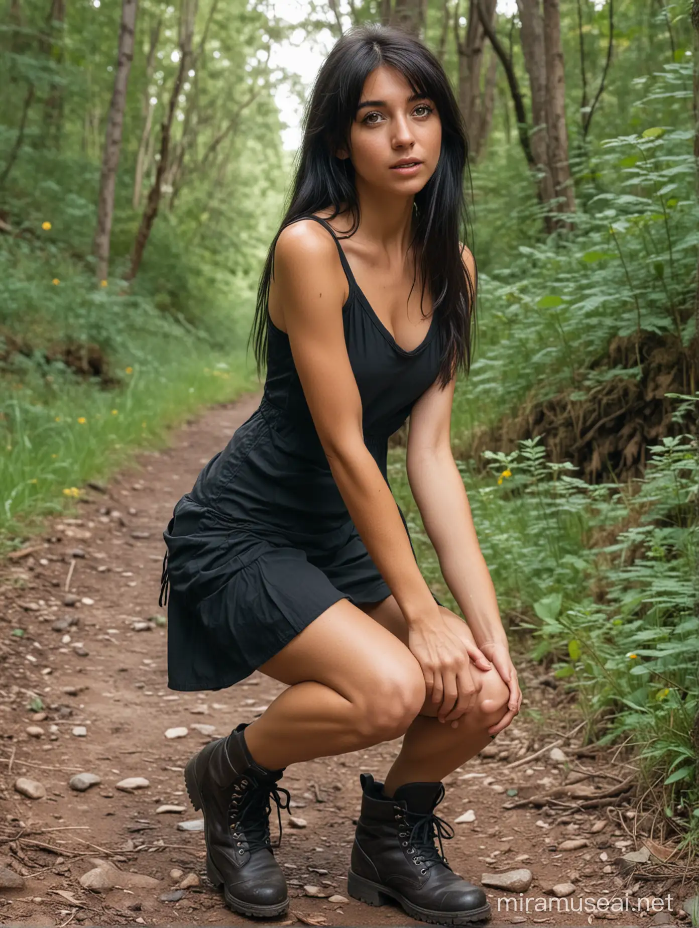 short skinny girl, long black hair, hazel eyes, black short sundress, hiking boots, squatting and urinating on a forest trail