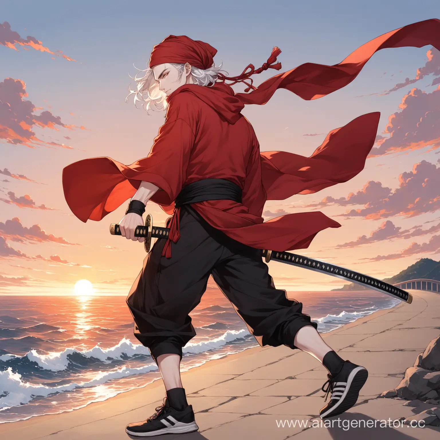 Youthful-Swordsman-at-Dusk-by-the-Seaside