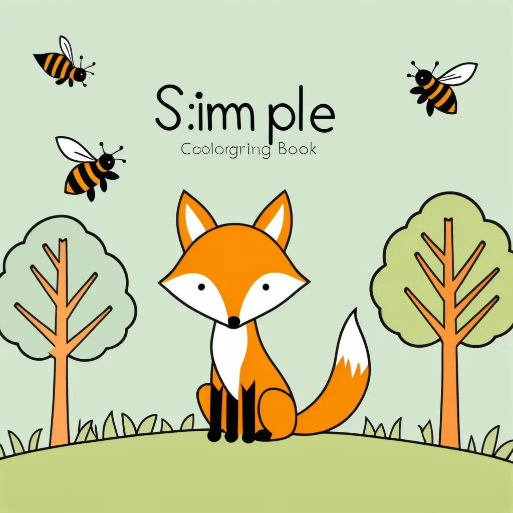 soft color, simple kids coloring book cover,  bold outlines, simple fox, simple tree, simple bee, no back ground,