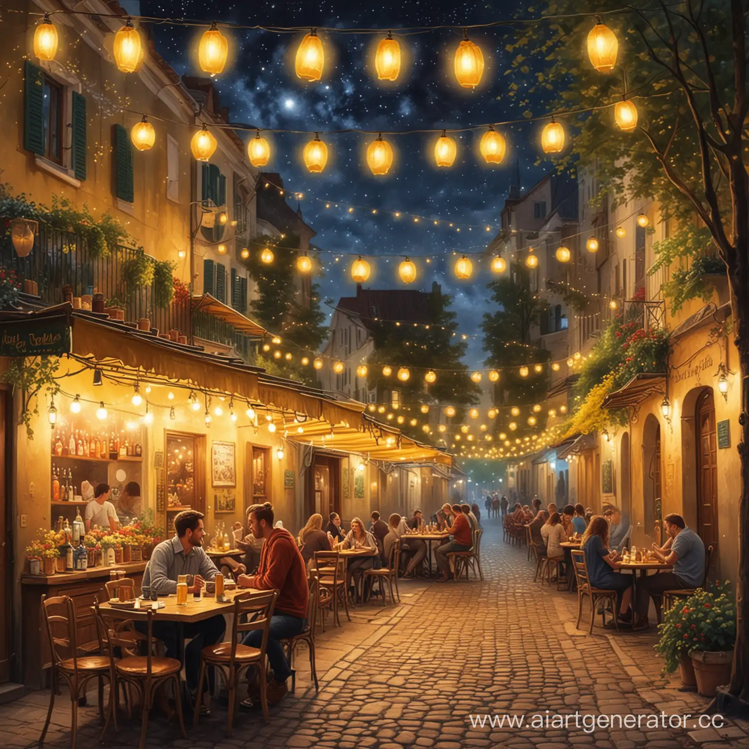 нарисуйте картинку, на которой три человека сидят за столиком в уличном кафе, на столе много еды, пиво, ликеры, на заднем плане видны звезды и фейерверки, на заднем плане картины запечатлен парк освещенный фонарями и желтыми гирляндами