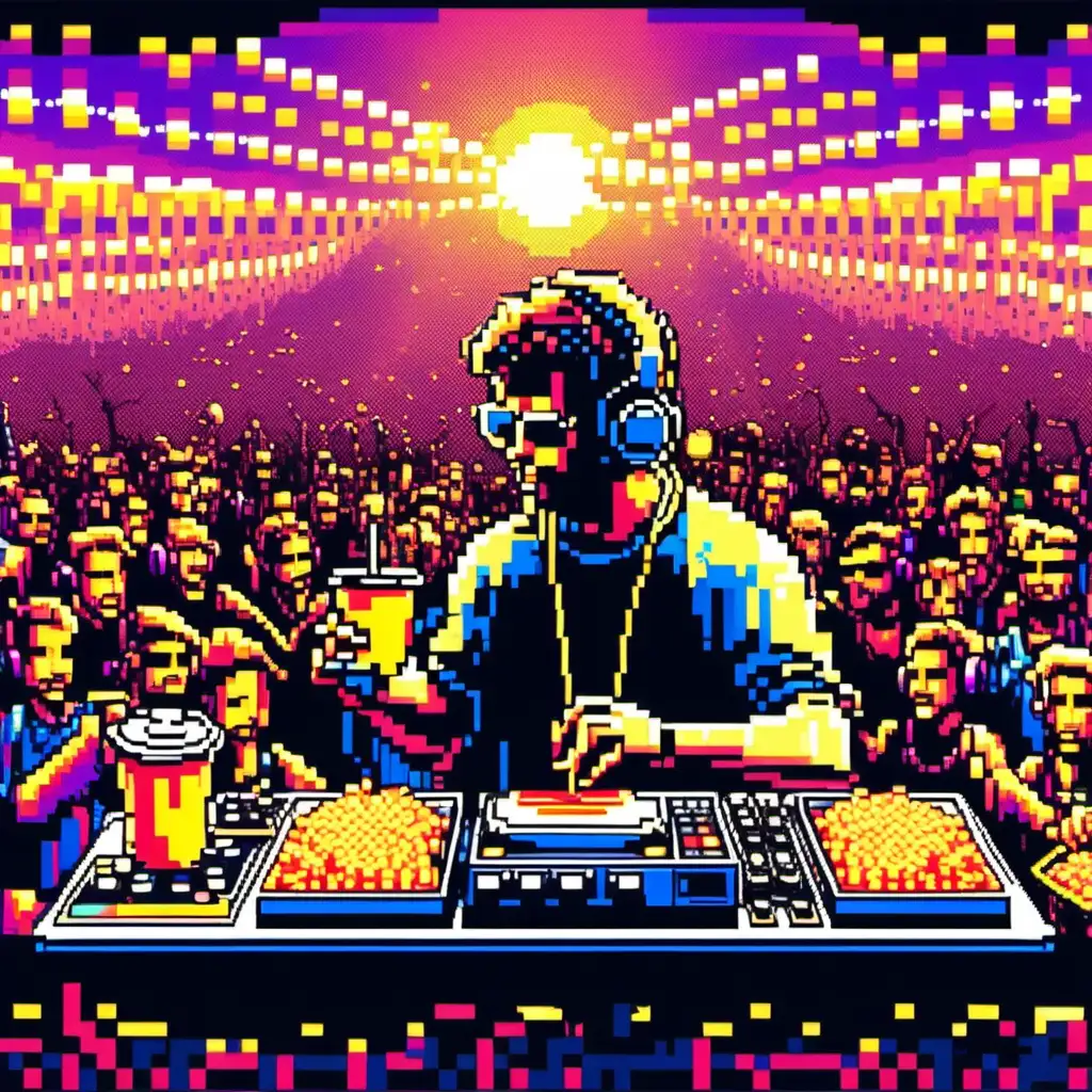 A Dj hold a cup of noodles in his hand while playing music on a festival with more than 100 people serounded, psychedelic style, 8bit pixel art, 