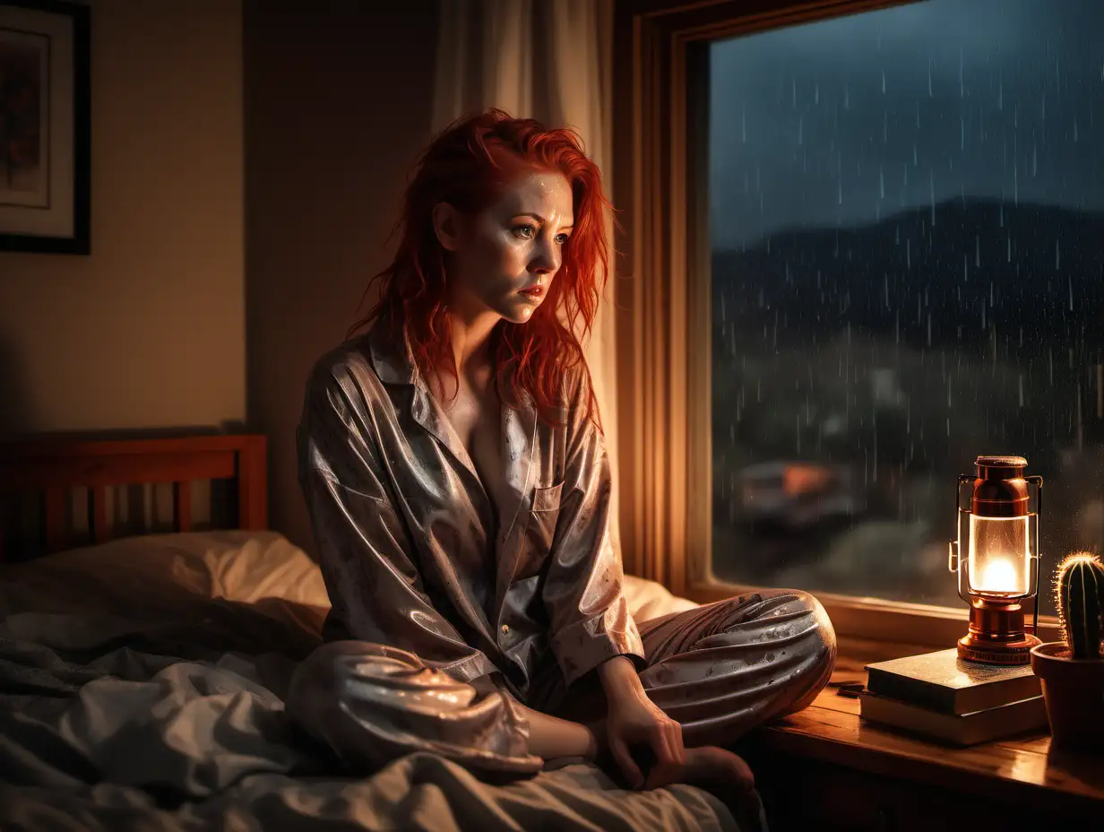  Desert scene outside her window. Night time. Rain Storm rages outside. A beautiful Scandinavian woman in sexy pajamas, looking worried, shoulder length red hair, sits on a messy bed facing the window with her back towards us. Desert scene large cacti outside her window. Equipped with a wood burning fireplace, a desk and bookshelves. A night table with a bottle of booze and a handgun. Small rain pelted window, warm light. 32K UHD Wide view, dark colors tones.