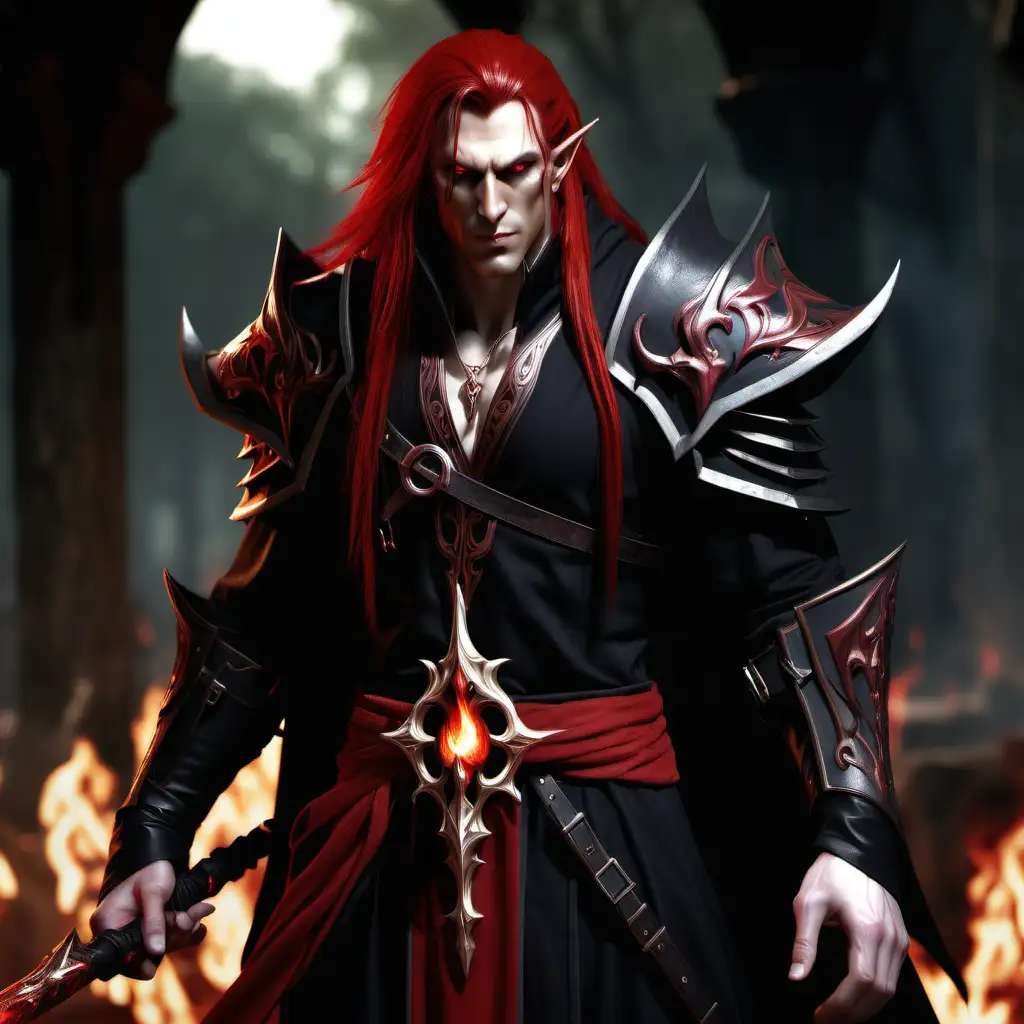  blood elf handsome, fantasy male, pale skin, long blood red hair, thin,  muscular, black desert clothing, red accents, black eyes, mean, cruel, rugged, red irises, evil, fire, priest robes, staff, mid thirties
