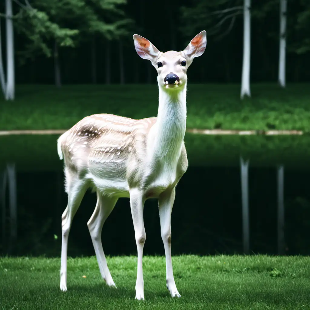  There is a white female deer with no horns standing in the grass.  The white deer is looking down.  In the background is a pond with trees behind the pond . no keywords.