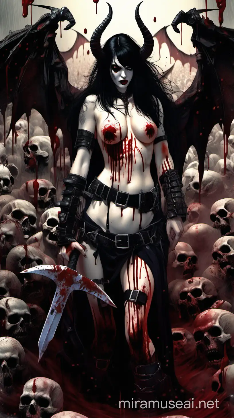 Voluptuous Goth Female Demon Warrior with Battle Axe in River of Blood
