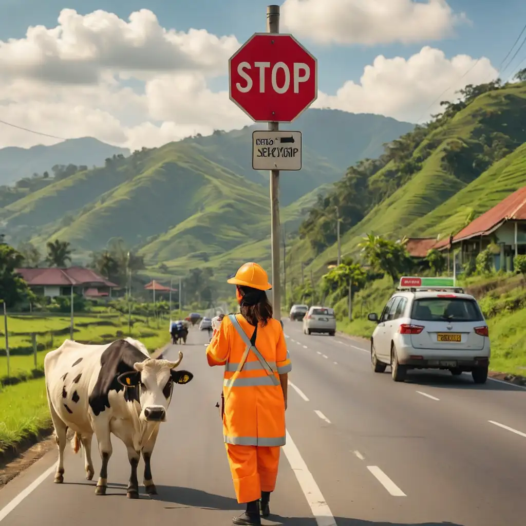 A beautiful Indonesian traffic controller,  near street with stop sign, observing cows on the green hills, sunshine 