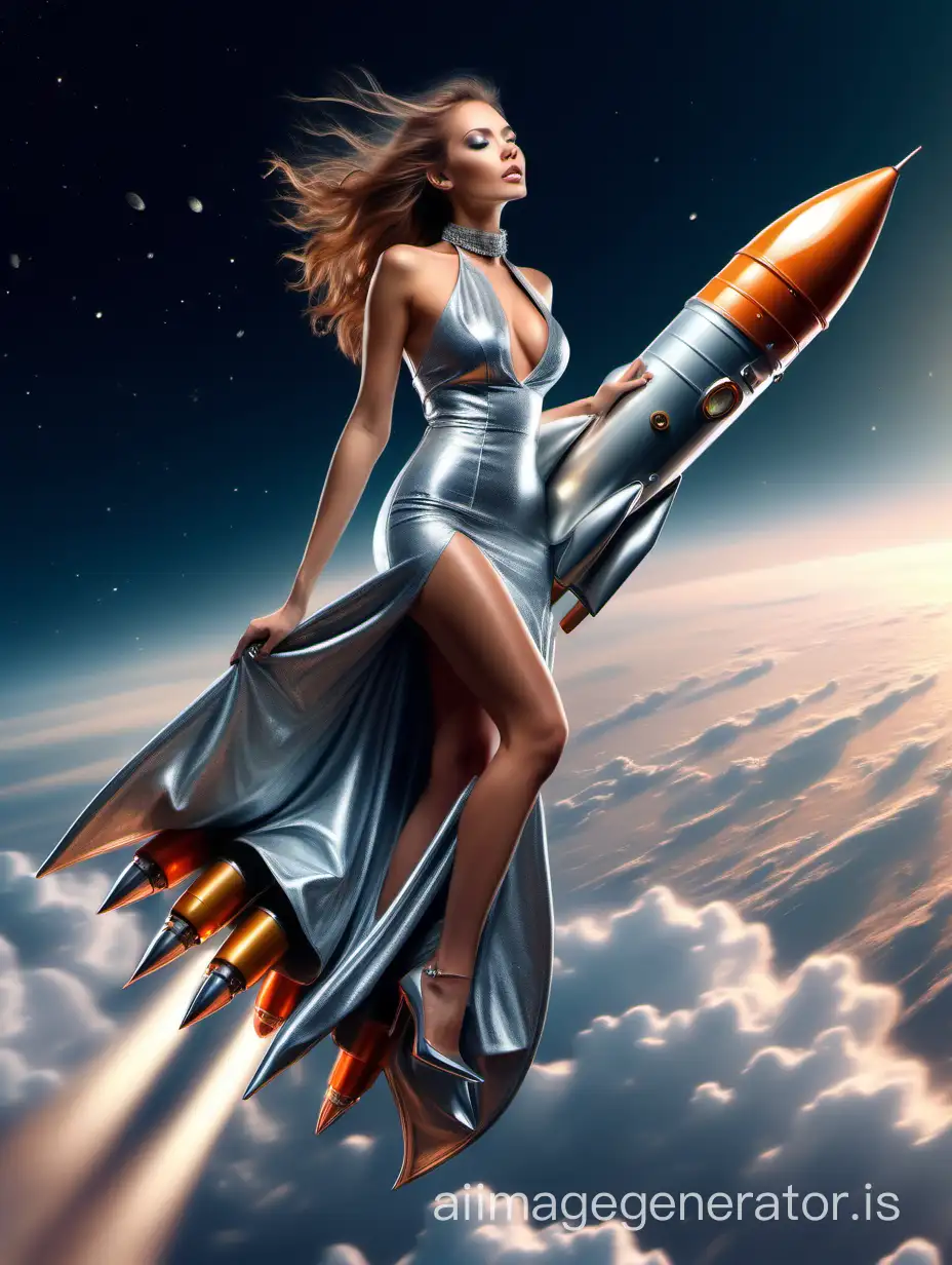 fantastic visualization of a beautiful woman riding on a rocket. She is turned her head and looking directly to me. She is flying on the metal rocket like a Margarita was flying riding on a broom. Full length body. She flies while riding a rocket. She on the metallic rocket flies up into the sky, she flying above the clouds. fantastic romantic atmosphere. Vibrant colour of sunset. She is: stunning slim woman, symmetrical face, long thick hair, big bust, dressed in luxurious evening long lush silver glittering dress with high neckline and neckline, high heel shoes on her legs, choker and bracelet with rhinestones. Hair develops, dress develops during flight, flight effect, movement effect on a rocket. hd, 8k, ultra high definition. Style: Ultra-realistic digital painting with intricate details, photo-realistic. Rendered in a hyper-realistic style. correct body proportions, correct legs