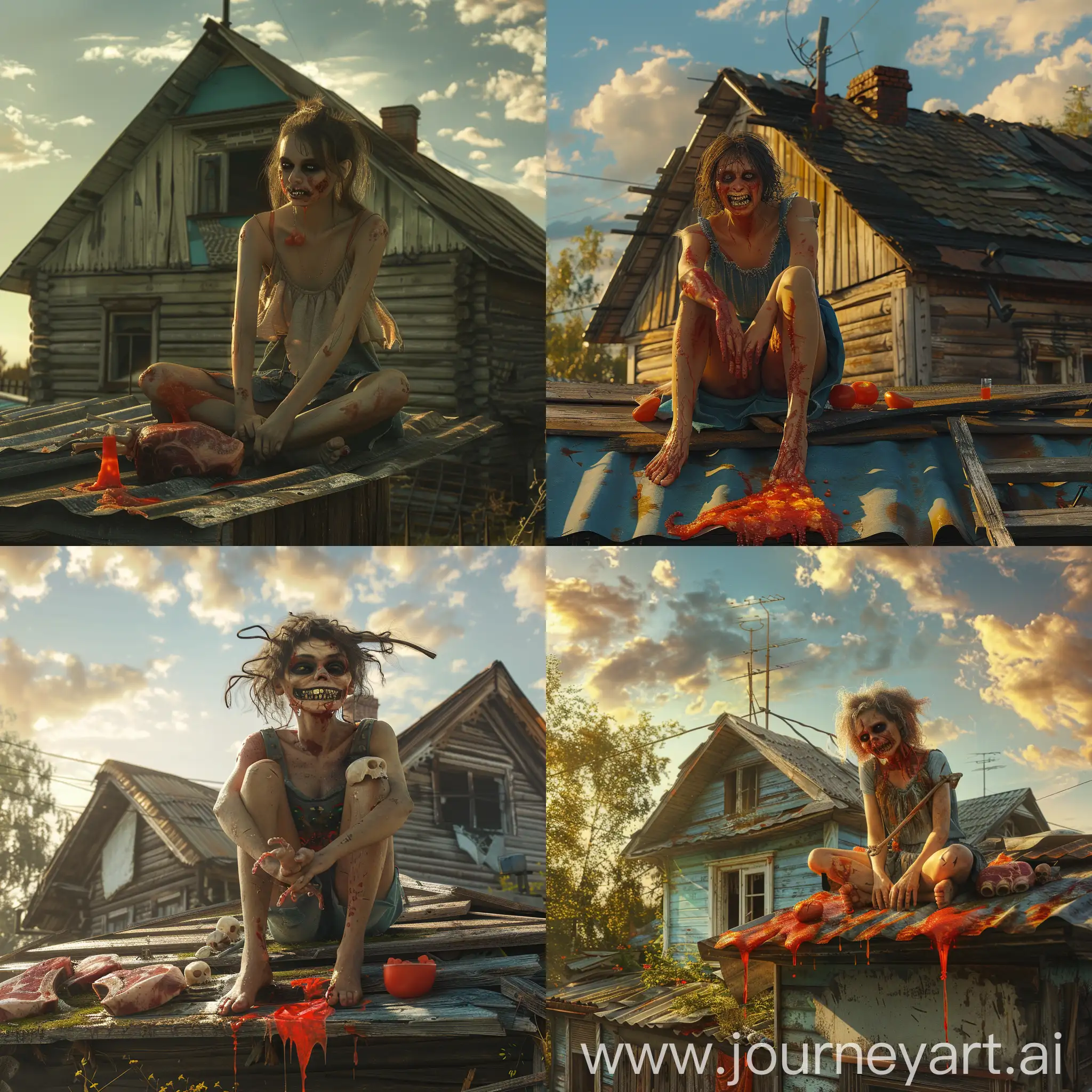 Russian-Village-Sunrise-Woman-on-Old-House-Roof-with-Tomato-Juice-and-Skeleton-Bone