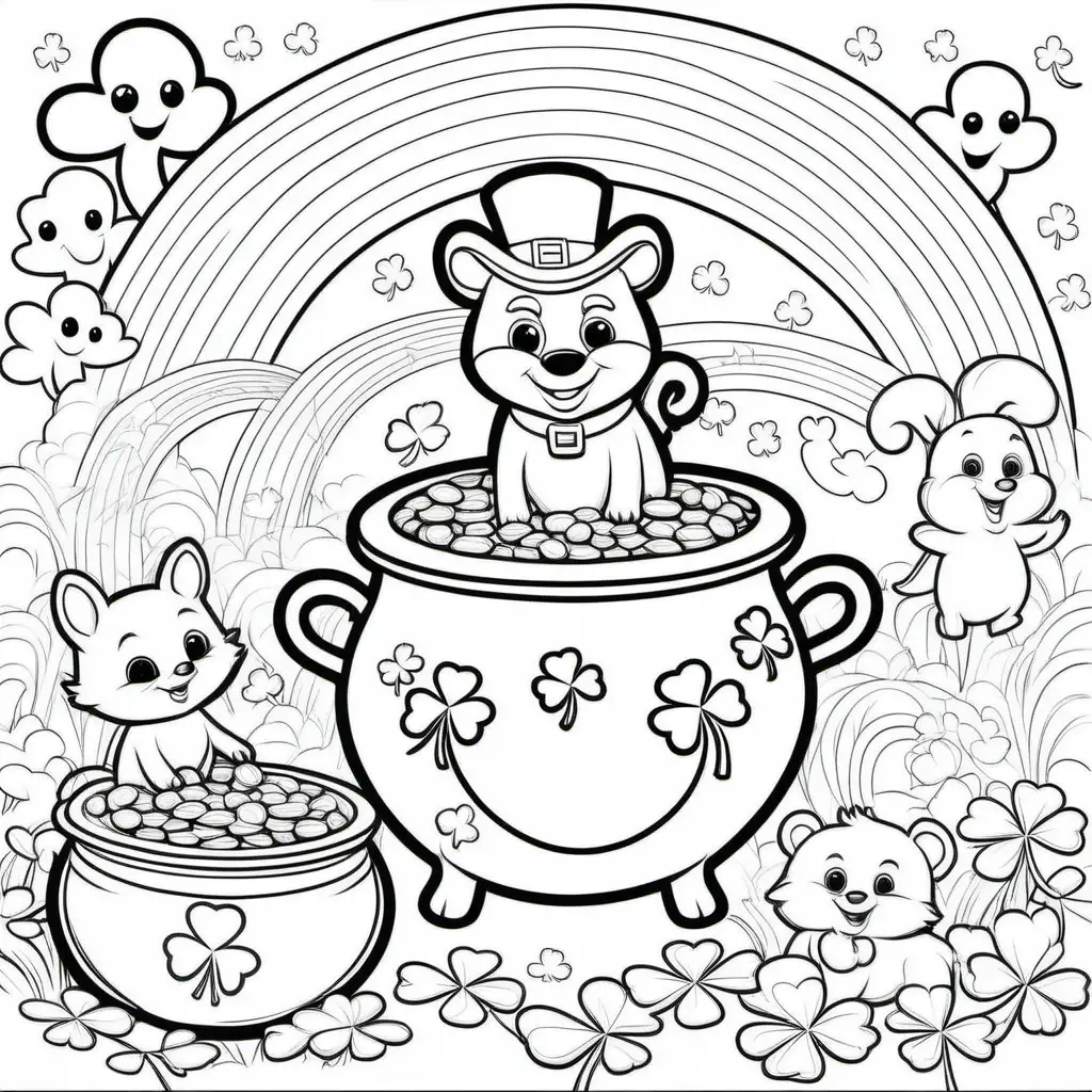 coloring book for kids, st Patricks day, animals with shamrocks, rainbows, pot of gold, cartoon style, thick lines, low detail, no shading, -- ar, 9:11