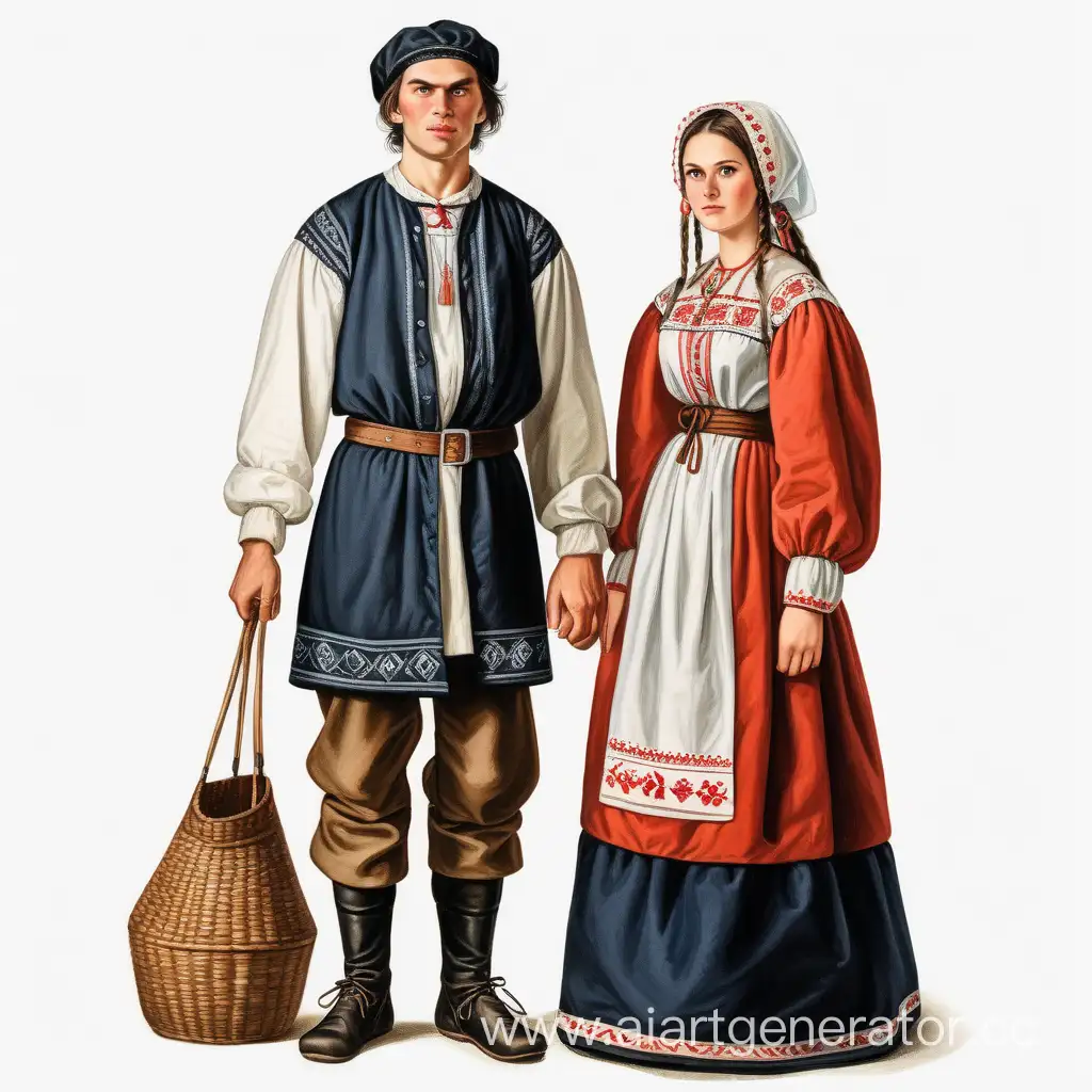 Славянин мужчина выше с темными волосами и славянка женщина ниже со светлыми волосами из России крестьяне деревенские жители в народном русском костюме 1840 года на белом фоне в полный рост