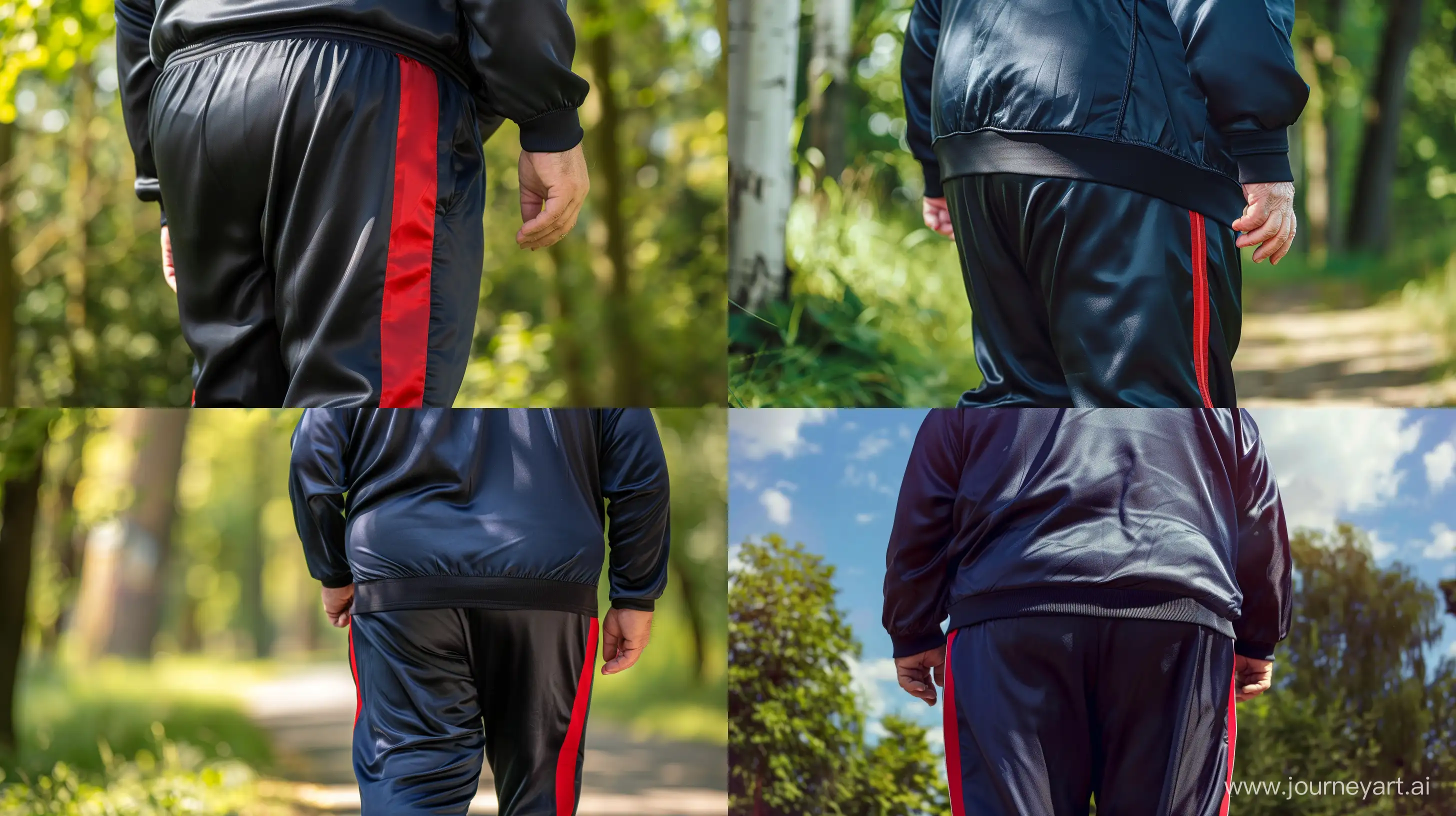 Back view close-up photo of a fat man aged 70 wearing a silk navy tracksuit with red stripe on the leg. Outside. Summer. --style raw --ar 16:9