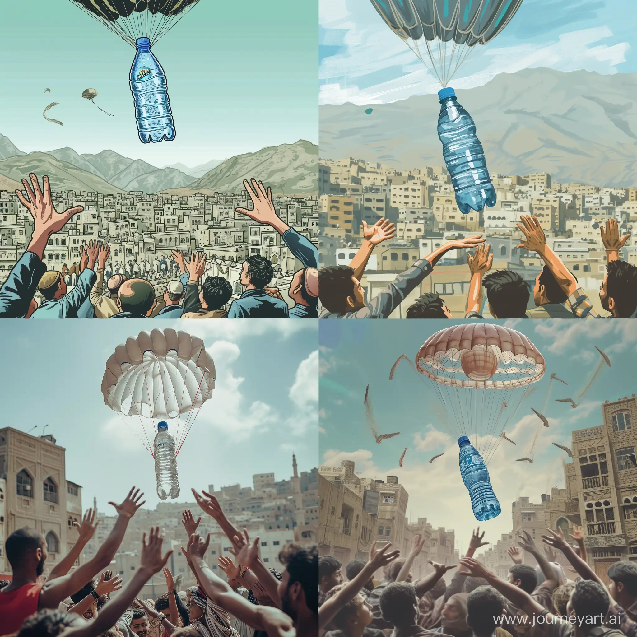 قارورة مياه معدنية تطير بمظلة 
 رياضة  فوق مدينة صنعاء والناس يمدون ايديهم فرحين بها