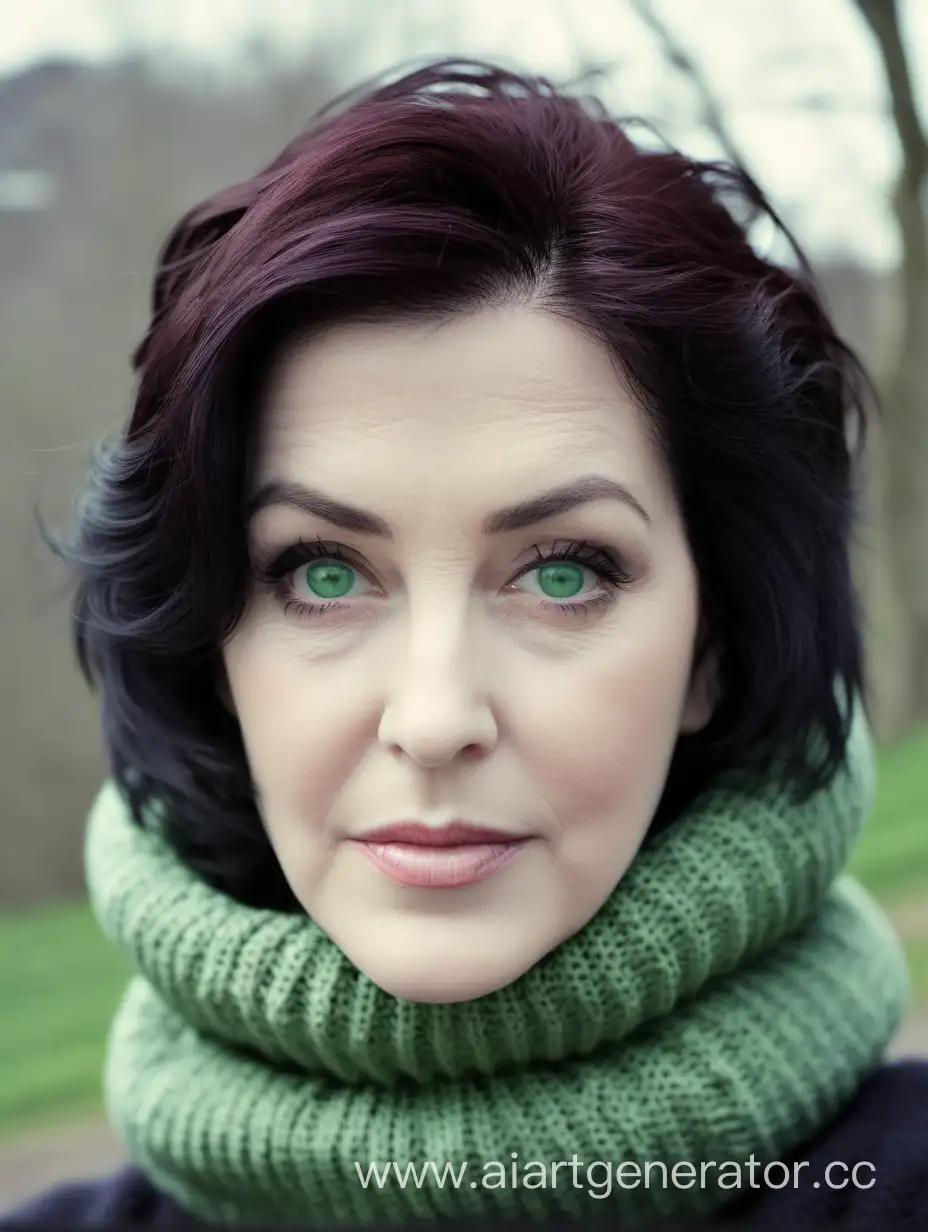 Irene Regine, cropped dim hair, green eyes, morning, spring, knitted snood