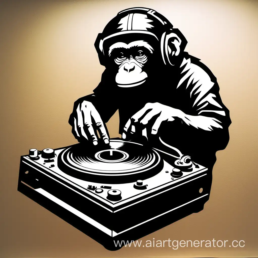 stencil art one color. hiphop monkey playing with turntable

