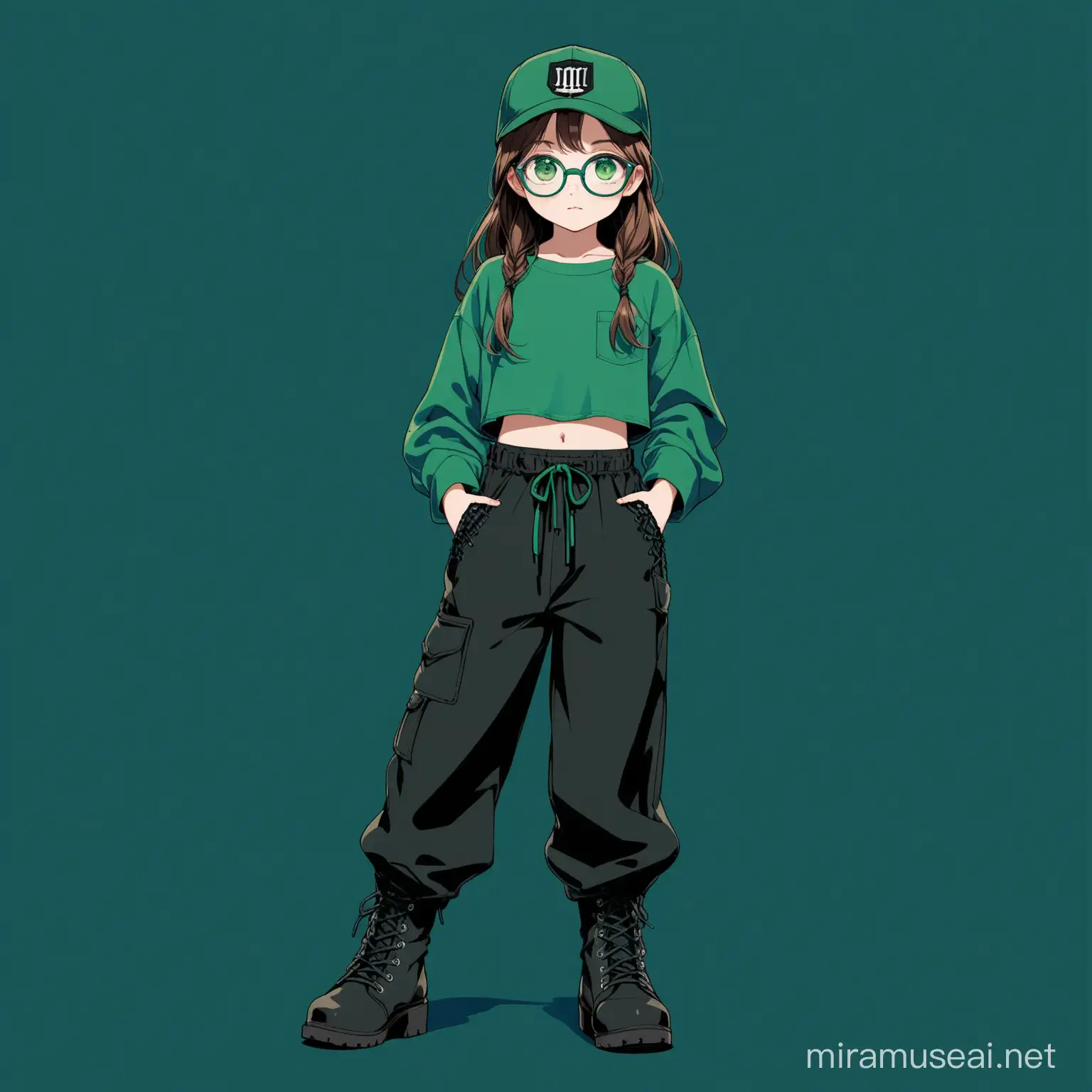 11 year old girl, long brown hair, forest green cap, long sleeves green crop top, baggy black pants with pockets green eyes, blue glasses, black laced up boots, navy blue background, 