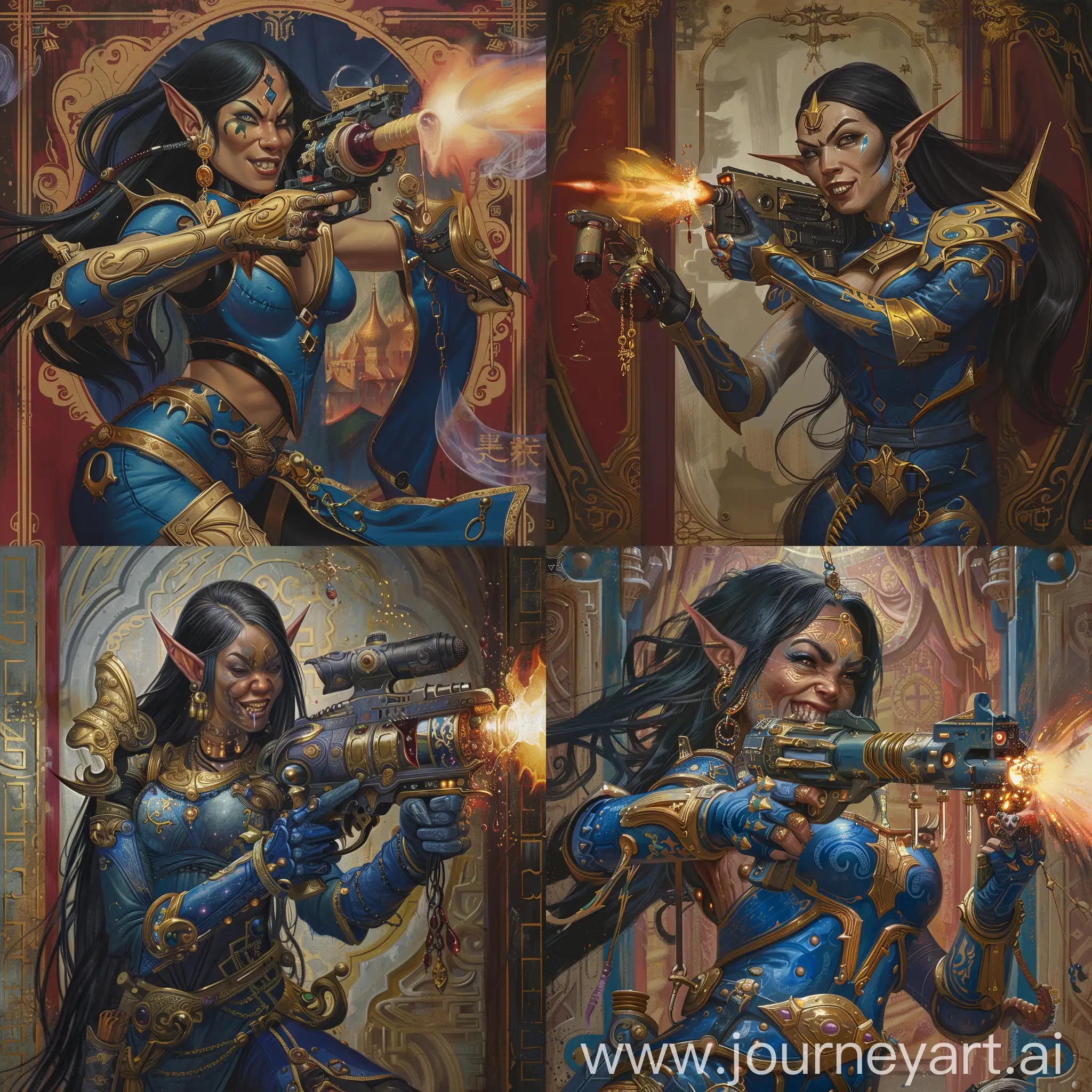 epic terrifyng science fiction cover illustration : (full body) smirking female elf with blue and gold armour, holding a wine gun, a gun powered by wine, shooting streams of wine, multiple earings, heavy giant magical gun, Senna'guns , long black hair, bizarre compositions, exquisite detail, extremely moody lighting, 16k, art nouveau, old chinese painting