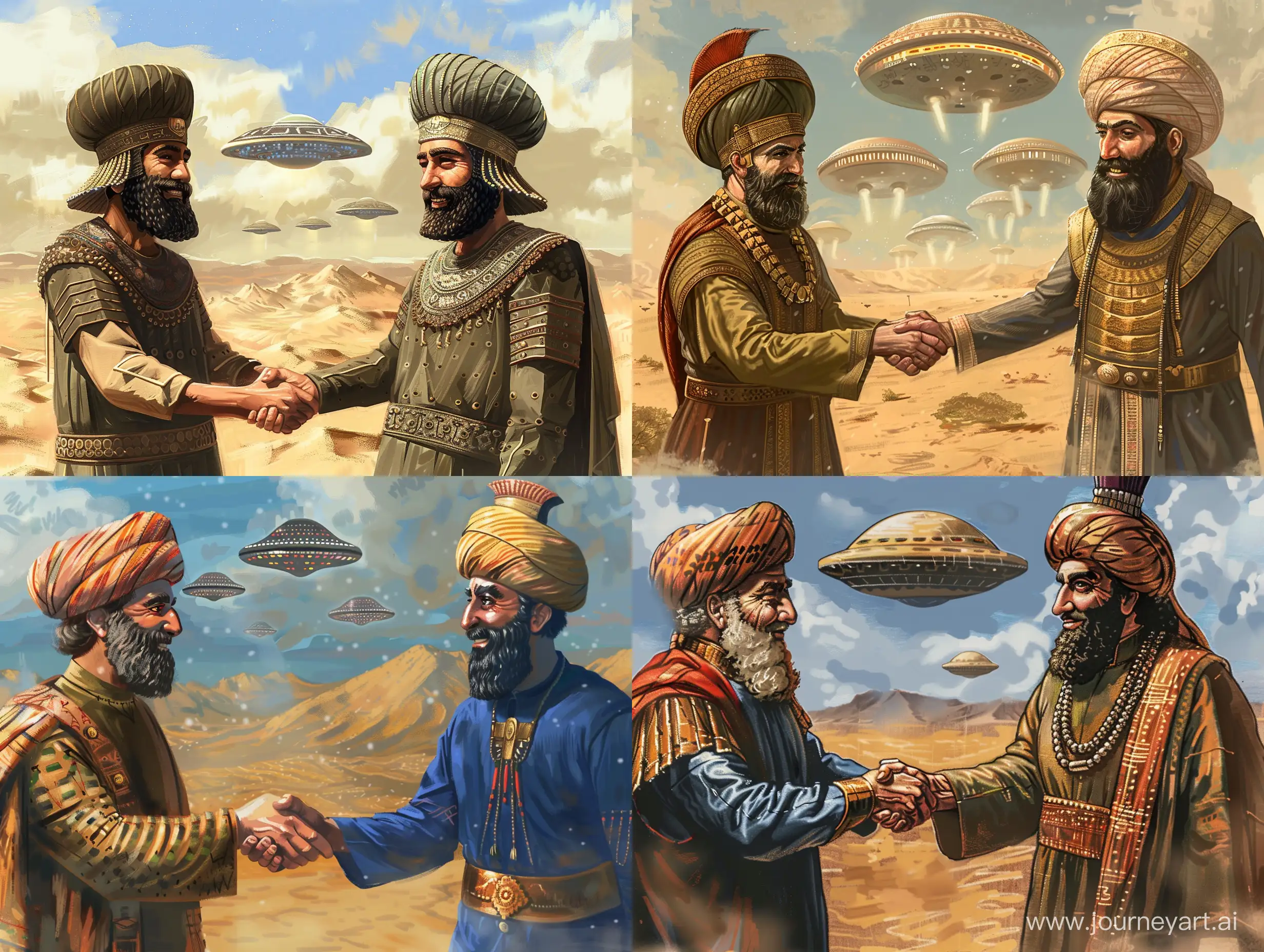 cyrus the great achaemenid empire is shaking Nader Shah Afshar hands and both are smiling, in a desert,lofi,ufos are in background,--q2,--ar7:4