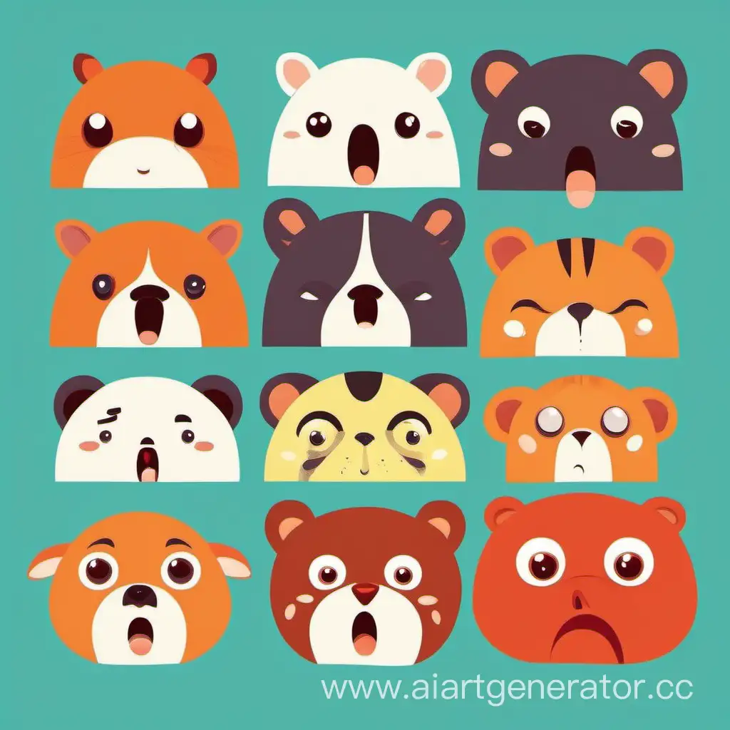 лица разных животных с разными эмоциями: Радоть, Отвращение, Скука, Гнев, Зависть, Удивление.