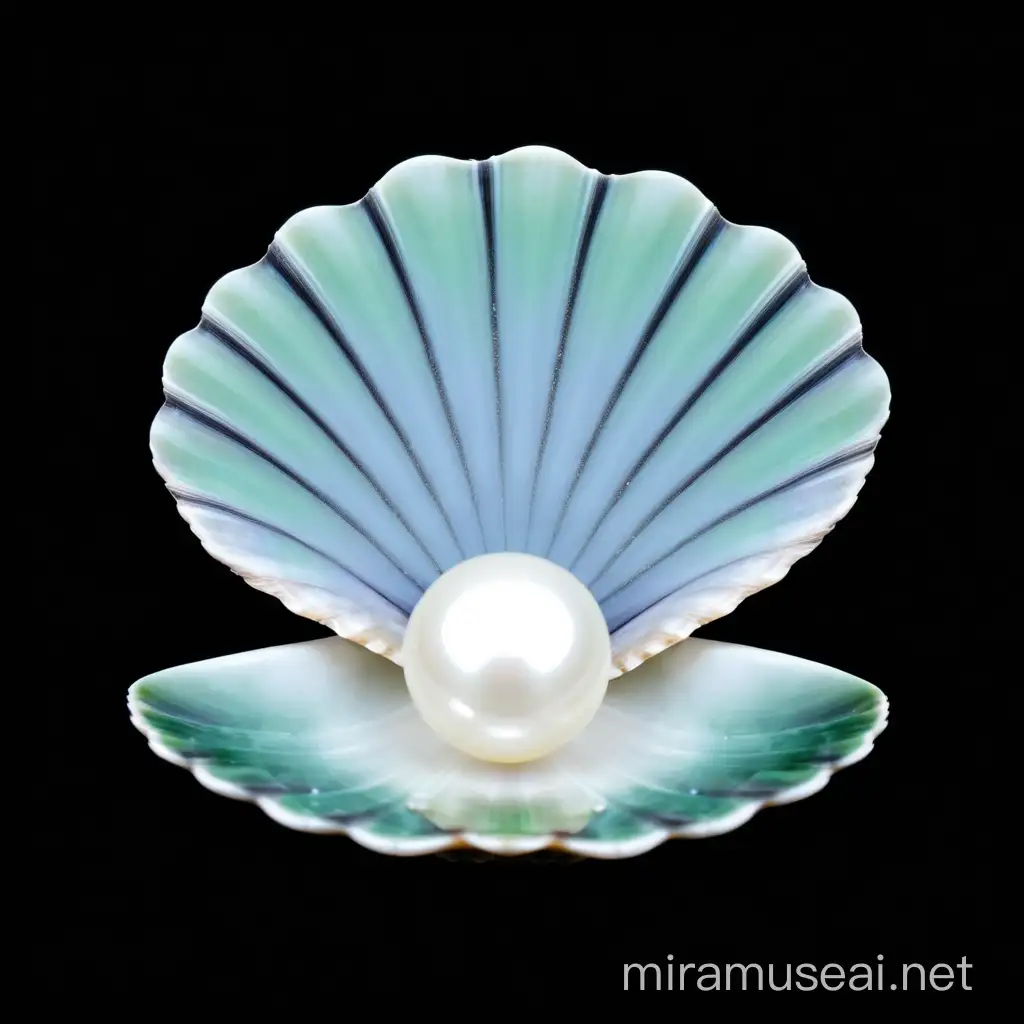 MAKE ME A PICTURE OF A SHELL WITH A WHITE INNER AND BLACK OUTER MIXED DARK GREEN SHELL with a SHINY PEARL in the middle, on a black background. The shell is the main focus of the image and stands out against the dark background.