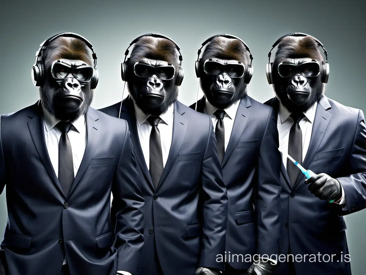 Intelligent aggressive gorillas in suits.
1 wearing a surgical mask.
2 wearing Bose headphones.
3 wears Apple Vision Pro goggles
4 holds a large thick syringe.
