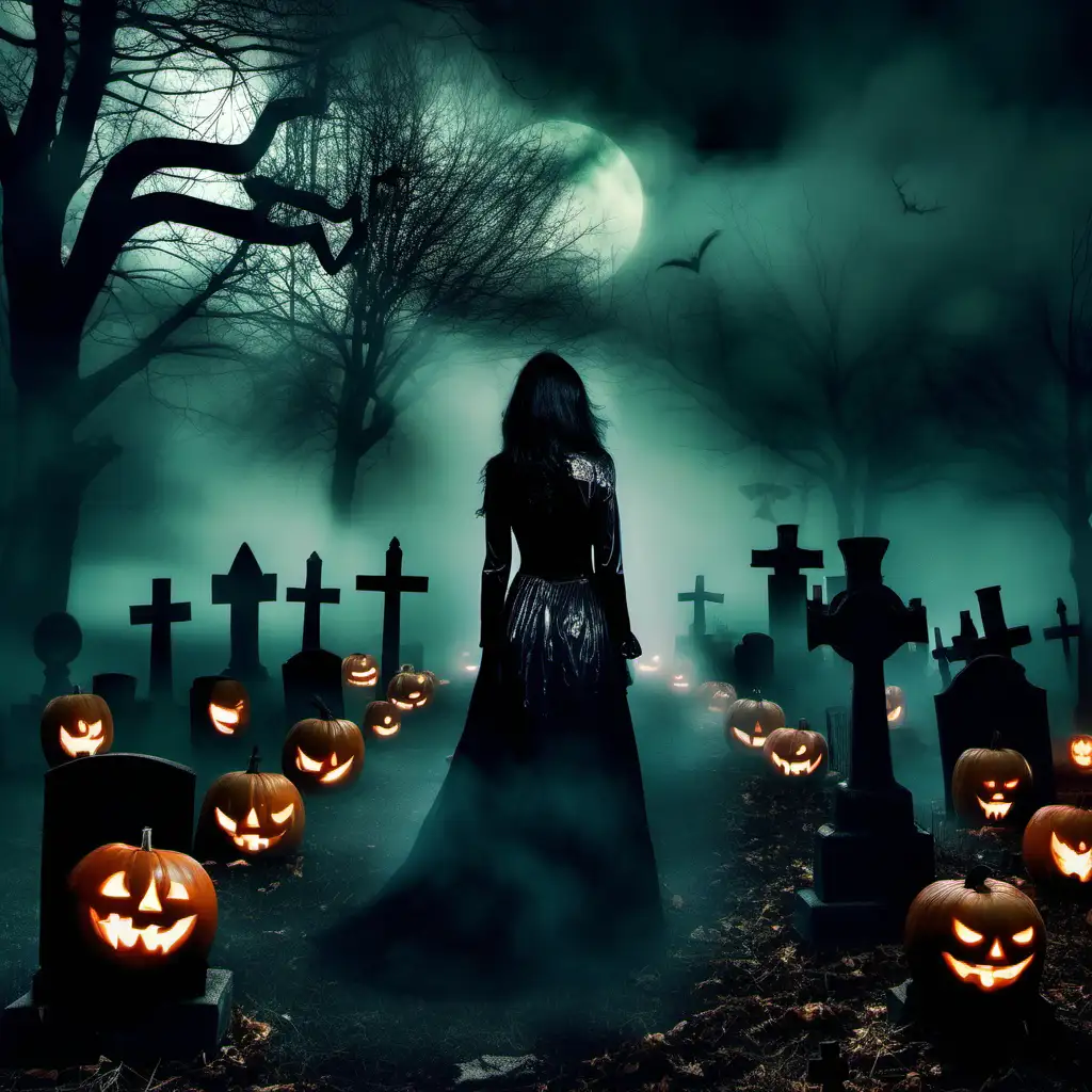Mysterious Woman in Misty Graveyard Mythical Seductive Halloween Scene