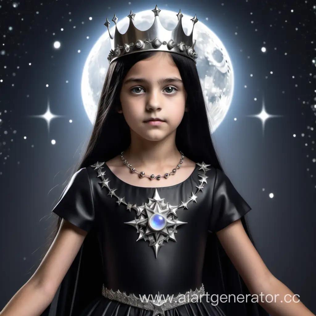 Девочка 12 лет, с черными волосами и темными глазами. Ее черное платье украшено серебряными полумесяцами и звездами. На голове серебряная корона с лунными камнями.