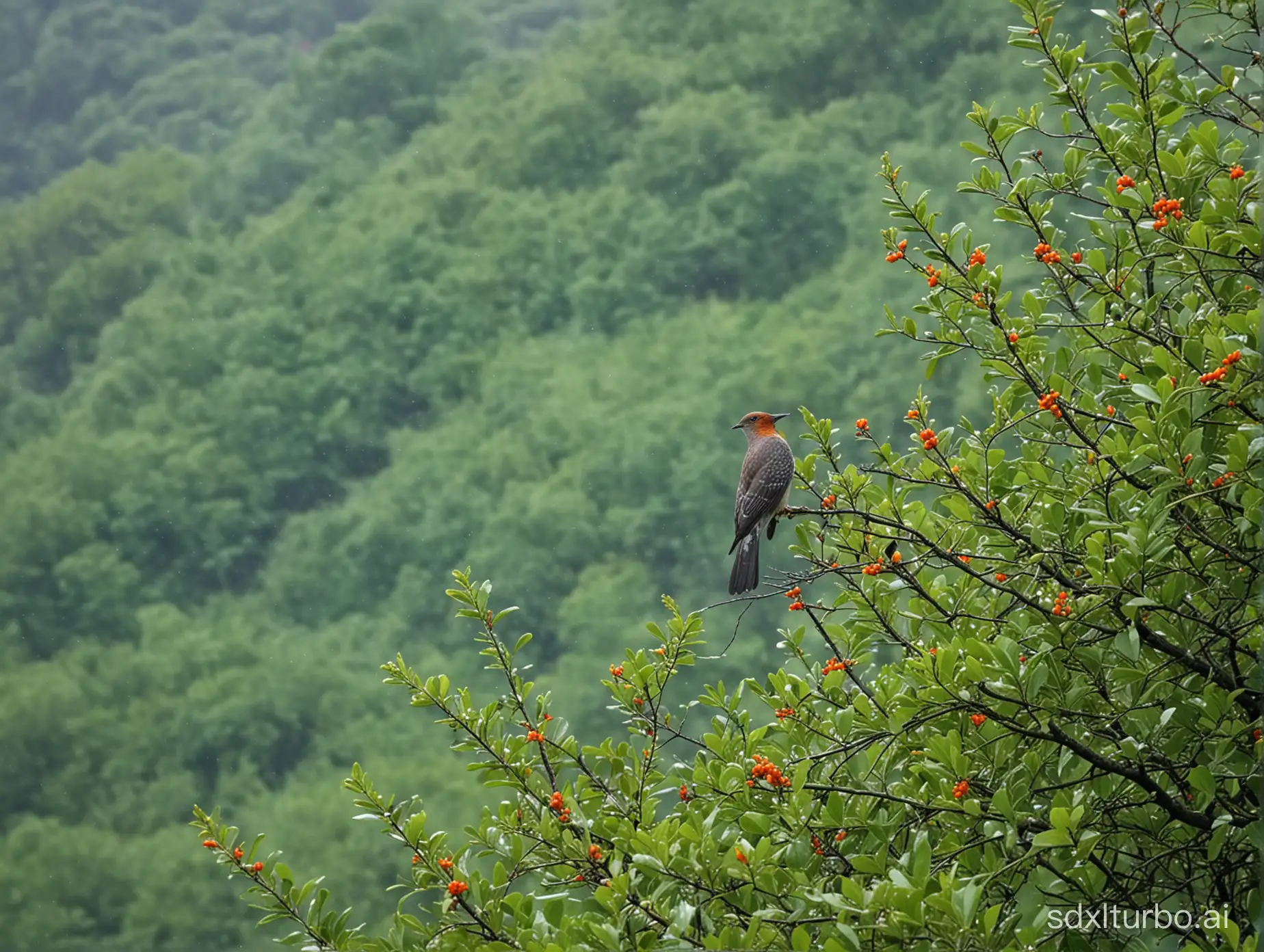 Mountain-Cuckoo-Reflecting-in-Green-Bushes-After-the-Rain